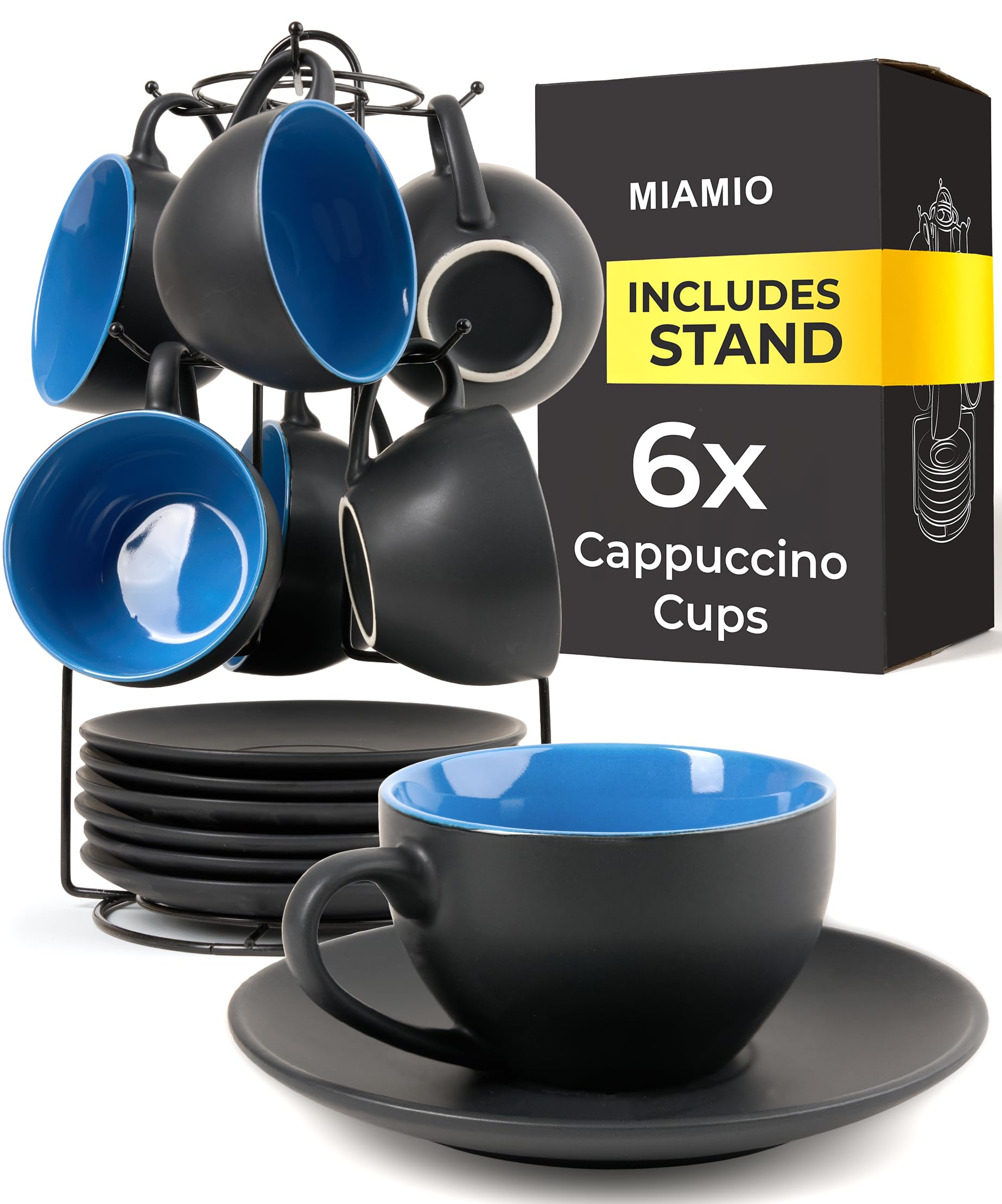MIAMIO - Set of 6, Ceramic Stackable Cappuccino Cups Set / 175 ml Cappuccino Mugs and Saucer with Metal Stand for Coffee Drinks, Cappuccino, Latte, Americano and Tea - Le Papillon Collection (Blue)