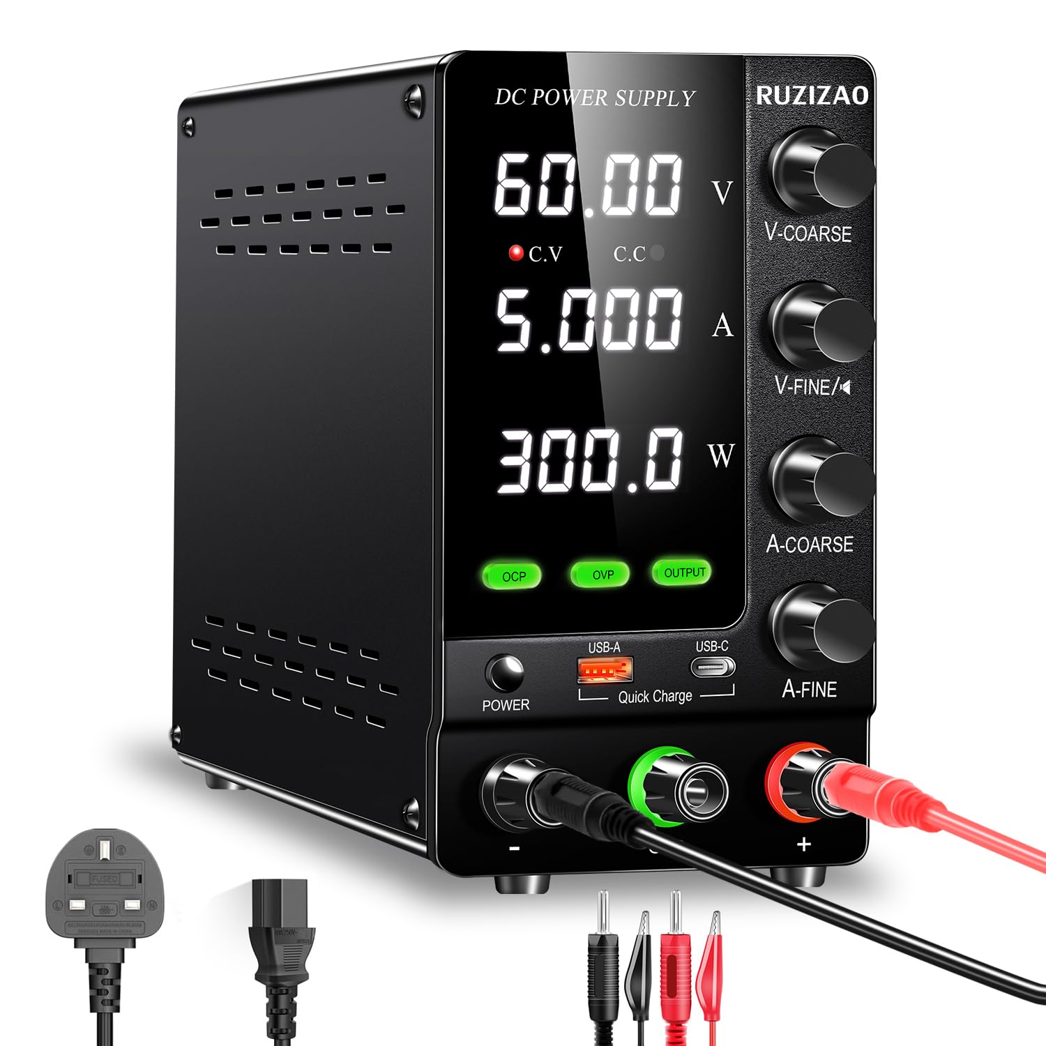 Bench Power Supply 60V 5A, Adjustable Regulated DC Power Supply with OCP/OVP, Output Switch and Encoder Knob, Lab Variable Switching Power Supply with USB-A/Type-C 18W Quick Charge Port