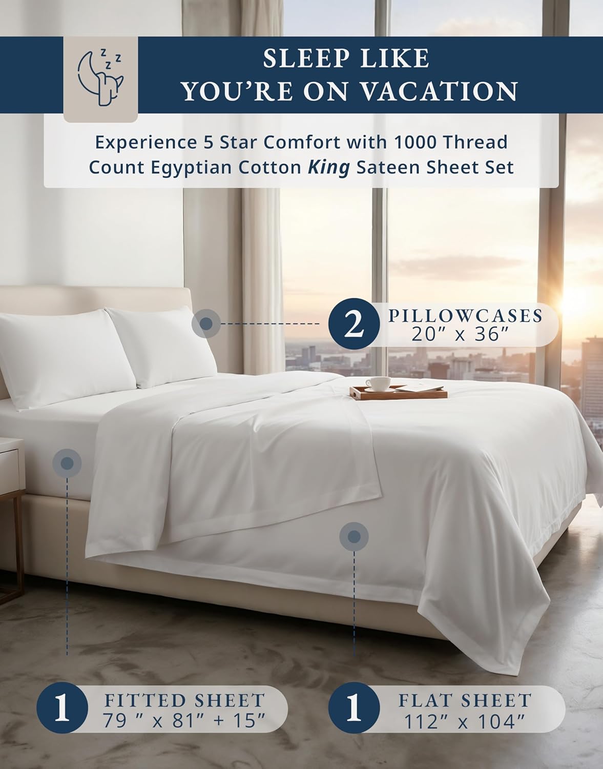 100% Egyptian Cotton Sheets King Size - 1000 Thread Count Silky Sateen King Size Sheets Set, Naturally Cooling & Breathable, Ultra-Soft Hotel Luxury Sheets with 15" Snug Fit Deep Pockets - White - Image 2