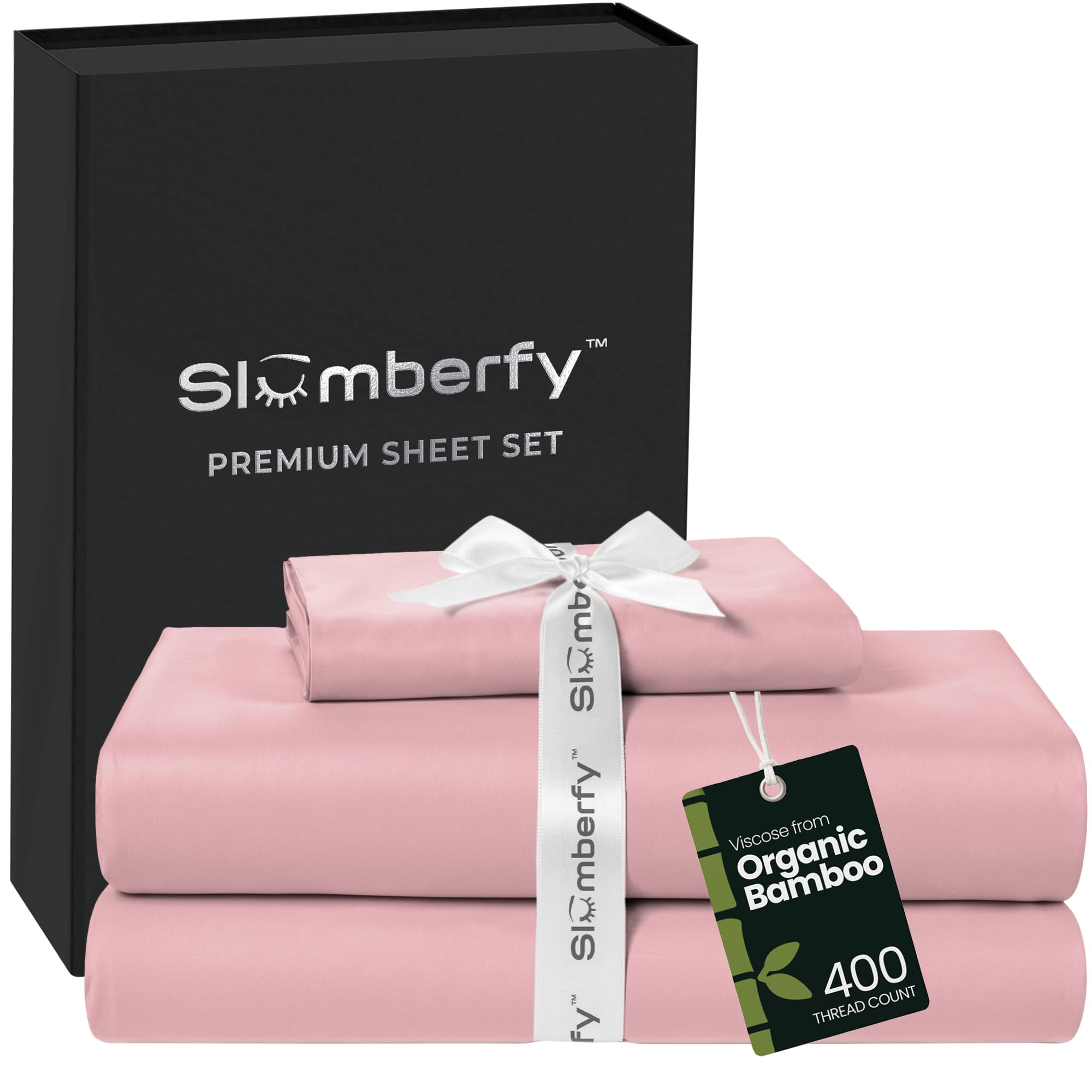 Slumberfy 3-Piece 400 TC Viscose Derived from Bamboo Sheets, Twin Size - 1 Fitted, 1 Flat, 1 Pillow Case - Deep Pocket Cooling Viscose-Bamboo Bed Sheets in Magnetic Closure Gift Box, Light Pink