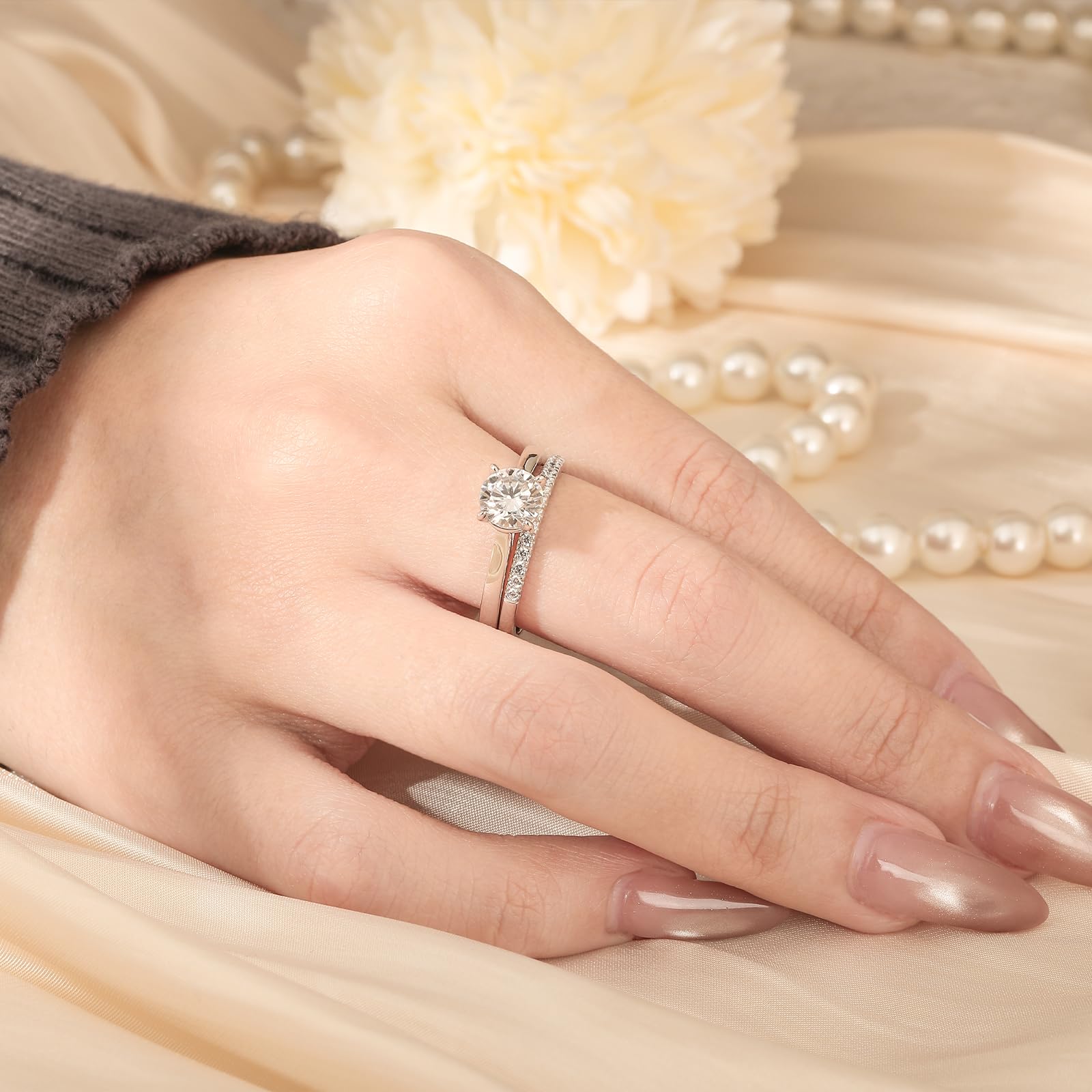 Damen Moissanit Klassisch Band Ring Set 925 Sterling Silber Vorsteckring Rundschliff Stein Stapelring Modern Elegant Doppelring Frauen Trauring für Hochzeit Valentinstag