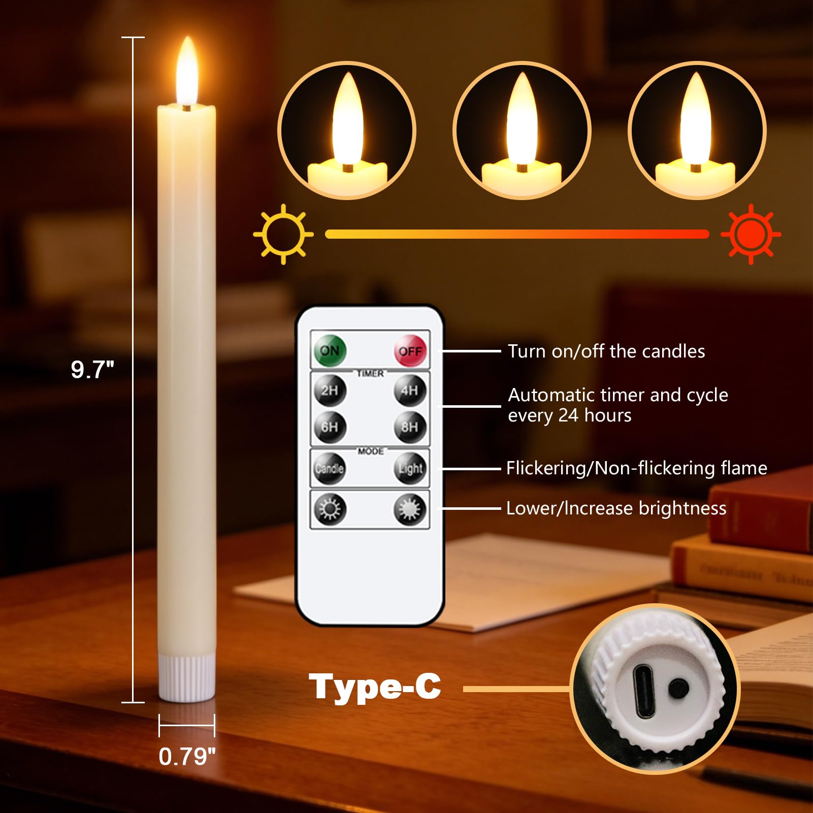Wondise Velas cónicas recargables sin llama con control remoto y temporizador, velas de cera real que funcionan con pilas, velas LED marfil de 9.6 pulgadas, paquete de 3 velas cónicas para decoración