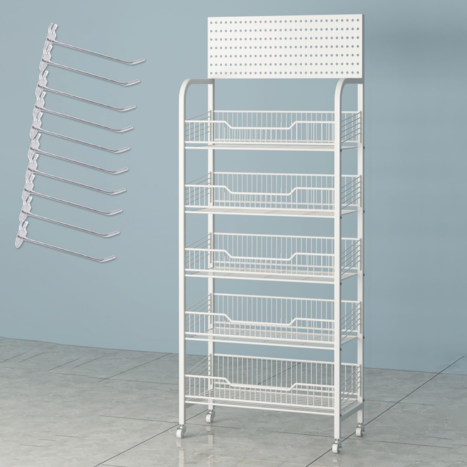 METTEOR Supermarket Shelf Display Rack with Hanging Hook, Rolling Convenience Store Snacks Organizer Cart for Candy/Canned Food/Potato Chips/Drinks,Merchandise Display Shelves(White,4 tie (White 5