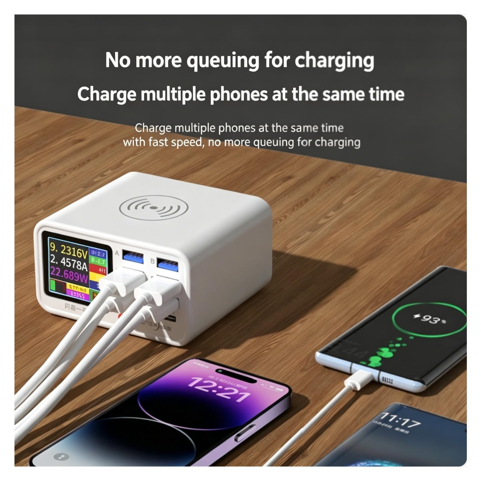 Cuifati Stazione di Ricarica Wireless USB, 65W 8 Porta Multi Caricatore USB con Display Sullo Schermo, Hub Organizzatore Desktop Smart IC Multi (Spina europea)