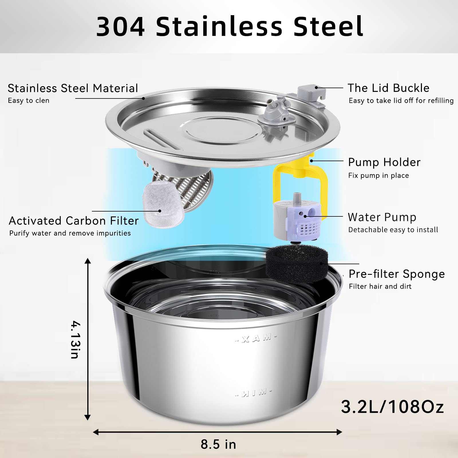 Cat Water Fountain Stainless Steel,3.2L/108oz Automatic Pet Fountain Dog Water Dispenser,Ultra Quiet Pump with 3 Replacement Filters for Cats, Dogs, Multiple Pets - image 4