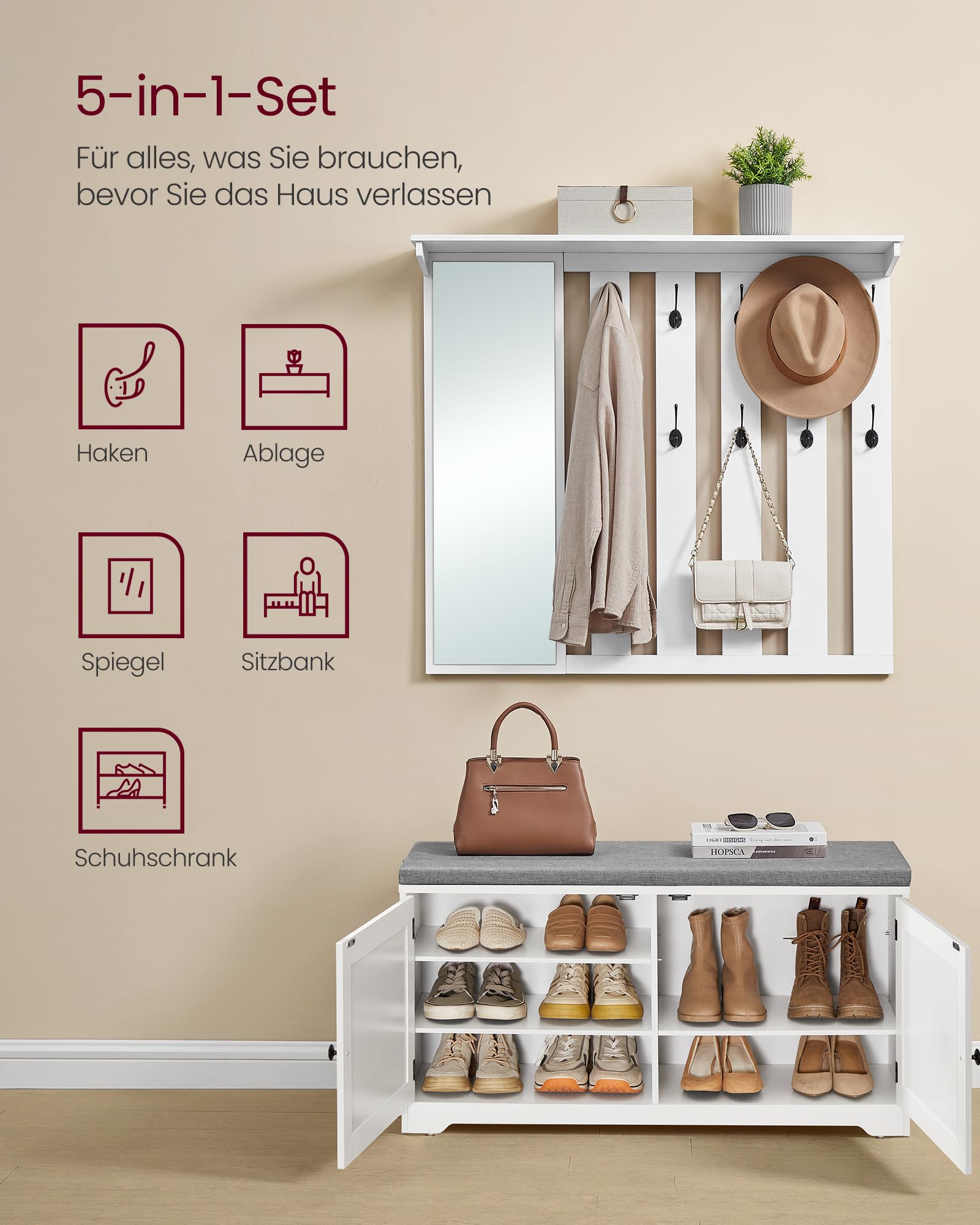 VASAGLE Schuhbank Wandgarderobe Set mit Spiegel, 10 Doppelhaken, Schuhschrank verstellbare Ablagen, Doppeltüren, Sitzbank, Sitzpolster abnehmbar, 101 cm breit, wolkenweiß LSC011W01