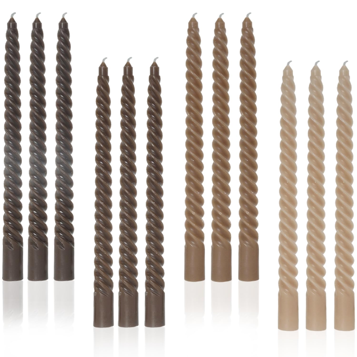 LPUSA Brown Tall Taper Candles Spiral Candle Sticks,Unscented pastel Candle for Holiday,Wedding and Home Decoration,10inch,12 PACK(E-Gradient brown)