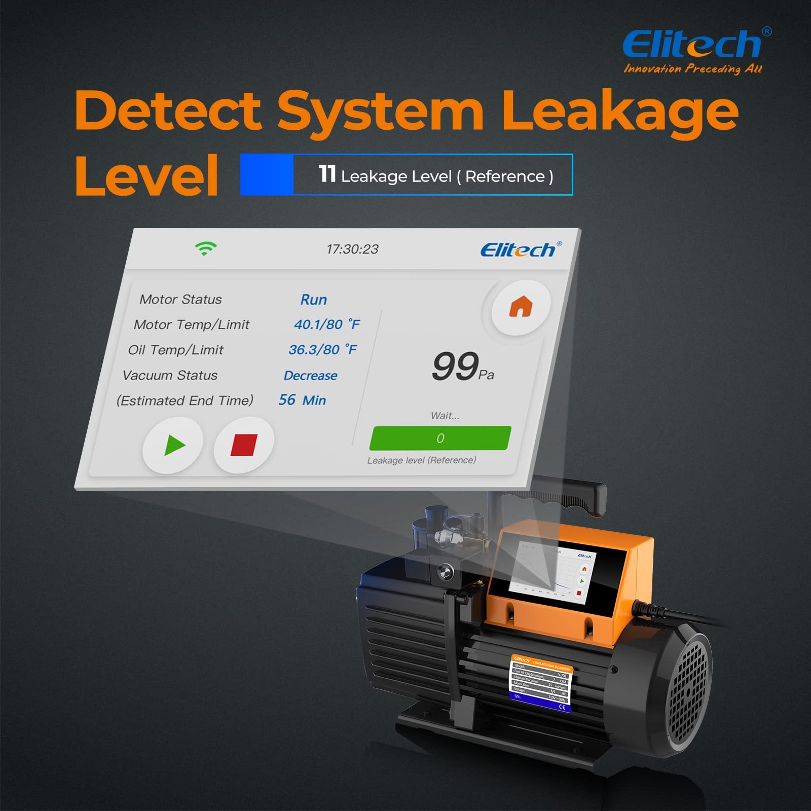 Elitech 5L/S Pompa Vuoto per Condizionatori con Manometro V1200 12 CFM, Pompa per Vuoto HVAC Intelligente con Monitoraggio Dati, Controllo App e Rilevamento Perdite (senza Olio)