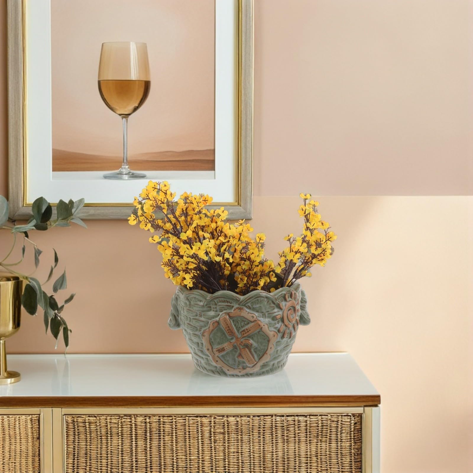 Wandblumentopf aus Keramik Runder Wandtopf im Vintage und Retro Stil für Pflanzen und Philodendron für Küche und Terrasse Pflegeleicht