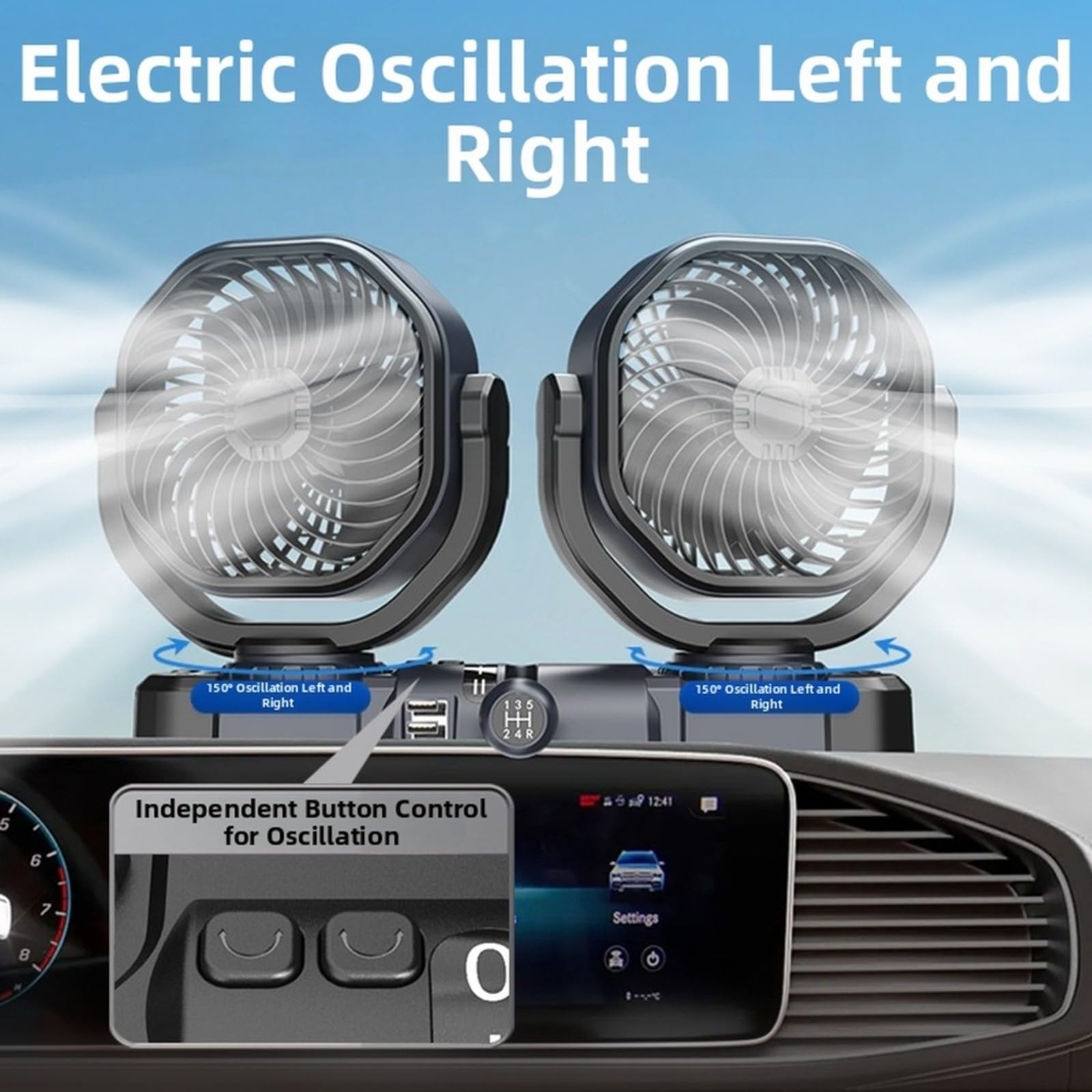 Ventilador de coche de doble cabezal 12 V 24 V con función giratoria automática y puerto USB, funcionamiento silencioso para camiones, coches, camping, gris (B)