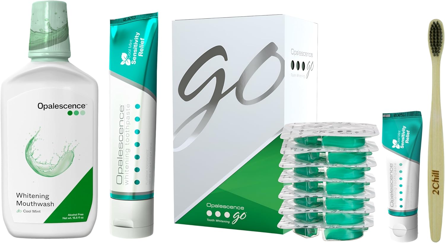 Opalescence Go 15% Hydrogen Peroxide Teeth Whitening Kit: 7 Treatments + Sensitive Toothpaste, Alcohol-Free Mouthwash & Toothbrush