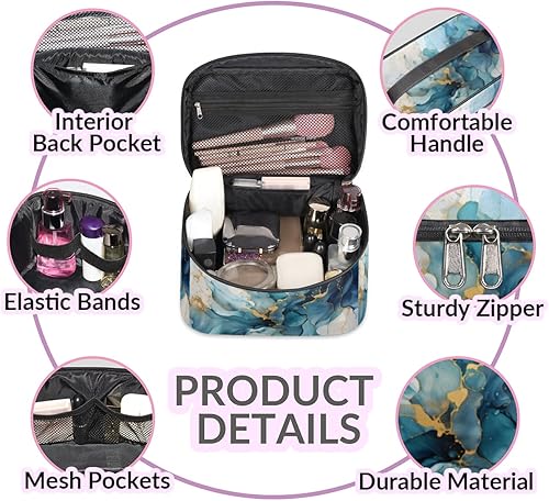 Miniatura 5 de Bolsa organizadora de maquillaje de mármol azul dorado, neceser de tocador, estuche de tocador portátil de mármol brillante, bolsa de maquillaje
