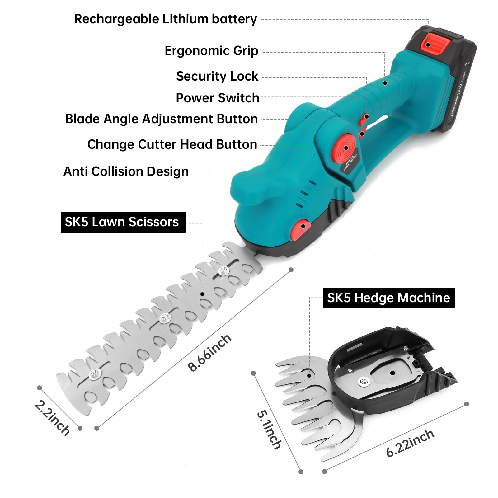 Taille Haie Electrique sans Fil 2 en 1, 1260 TR/Min, 2x 2500 mAh, Taille-Herbes Tondeuse à Gazon, Vert Noir