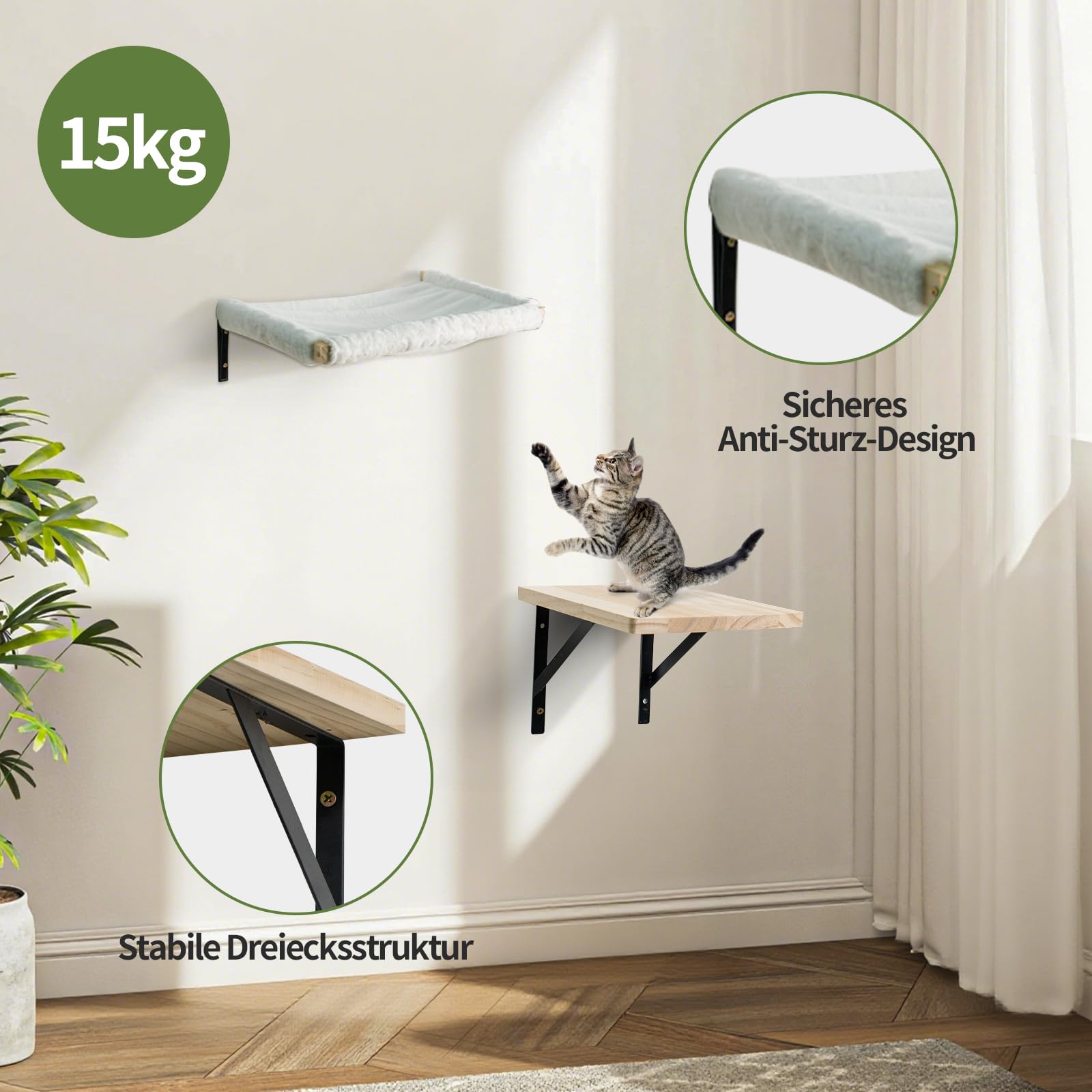 Youyijia 7-teiliges Wandmontage Katzenkletterwand Set aus Holz – Plattformen, Kratzsäulen, Liegeplatten, Wandregale – Kletterelemente für Katzen, Wand-Kletterwand