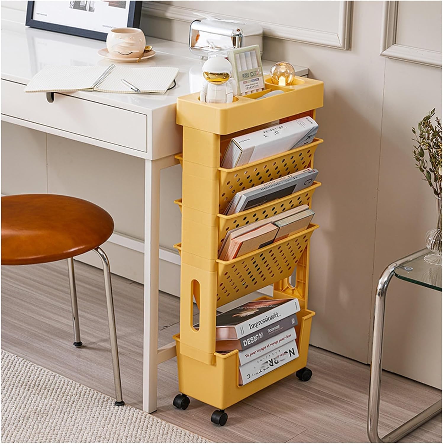 Étagère de Bureau Mobile Chariot de Bibliothèque,à 5 Niveaux,avec roulettes,Organiseur Porte-revues,Chariot de Rangement Fin,pour la Maison,Cuisineet l'école,Enfants(Yellow)