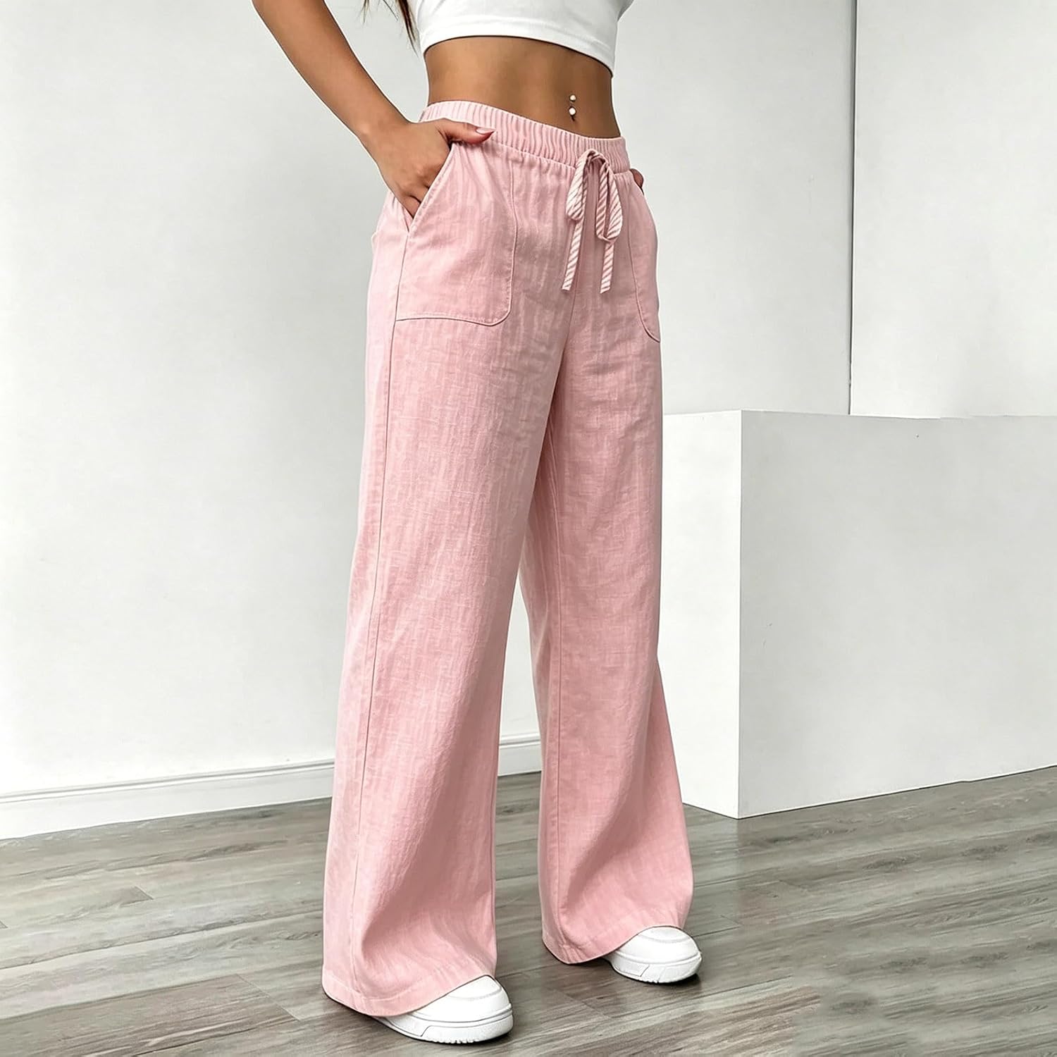 Women's Pants Summer Casual Wide Leg Elastic High Waist Drawstring Palazzo Pant Beach Vacation Trousers with Pocket