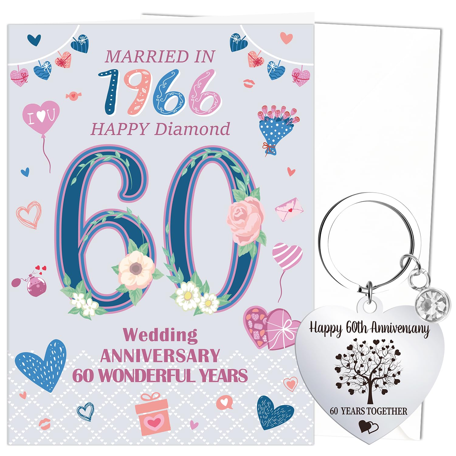 Luvart 60th Wedding Anniversary Card Gift - Diamond Wedding Anniversary Greeting Card with Keychain Celebrating 60 Years Marriage Gifts for Parents Friends Him Her Spouse Couples