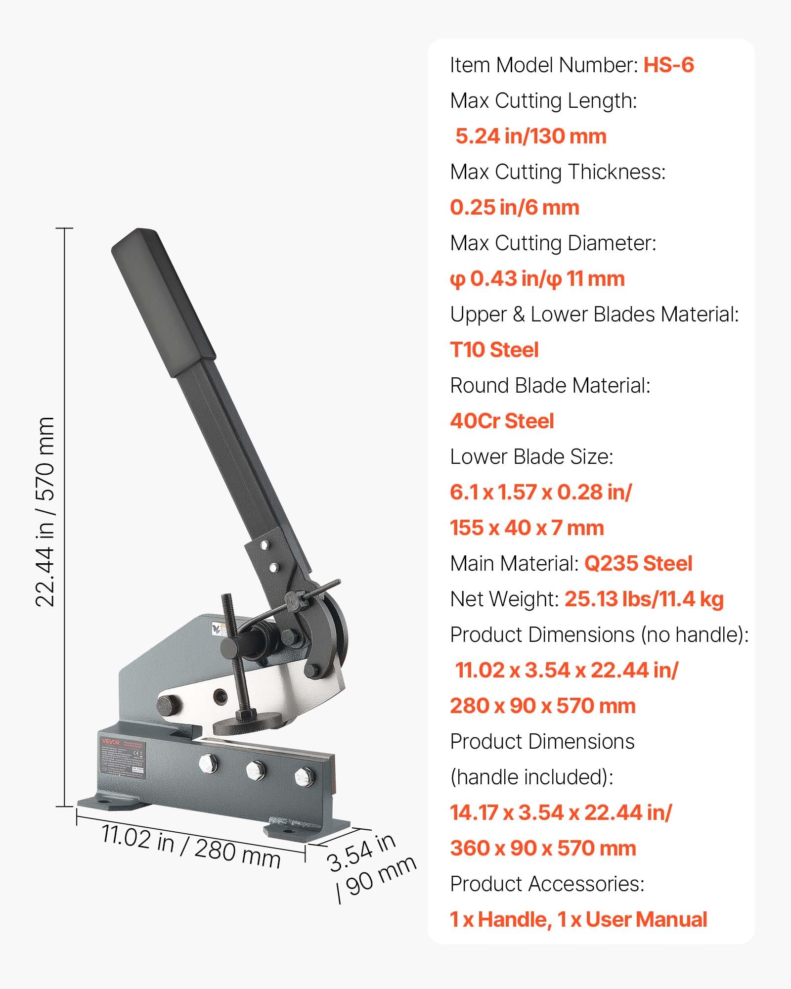 VEVOR Cisaille à Tôle à Levier Manuelle 155 mm, avec Cadre en Acier Massif, Lames Tranchantes, Coupe Précise, Poignée Allongée, Cisaille à Tôle pour Couper Acier, Cuivre, Barres d'Armature, Aluminium