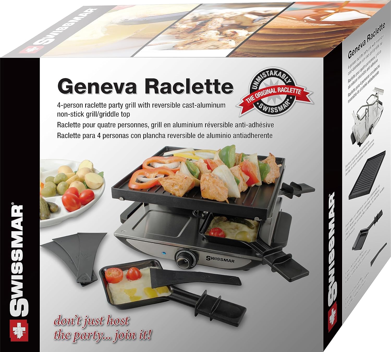 Swissmar Geneva Raclette grill do raclette dla 4 osób, z patelniami i suwakami, mini grill raclette z płytą grillową z powłoką zapobiegającą przywieraniu i 4 patelniami do raclette, 800 W