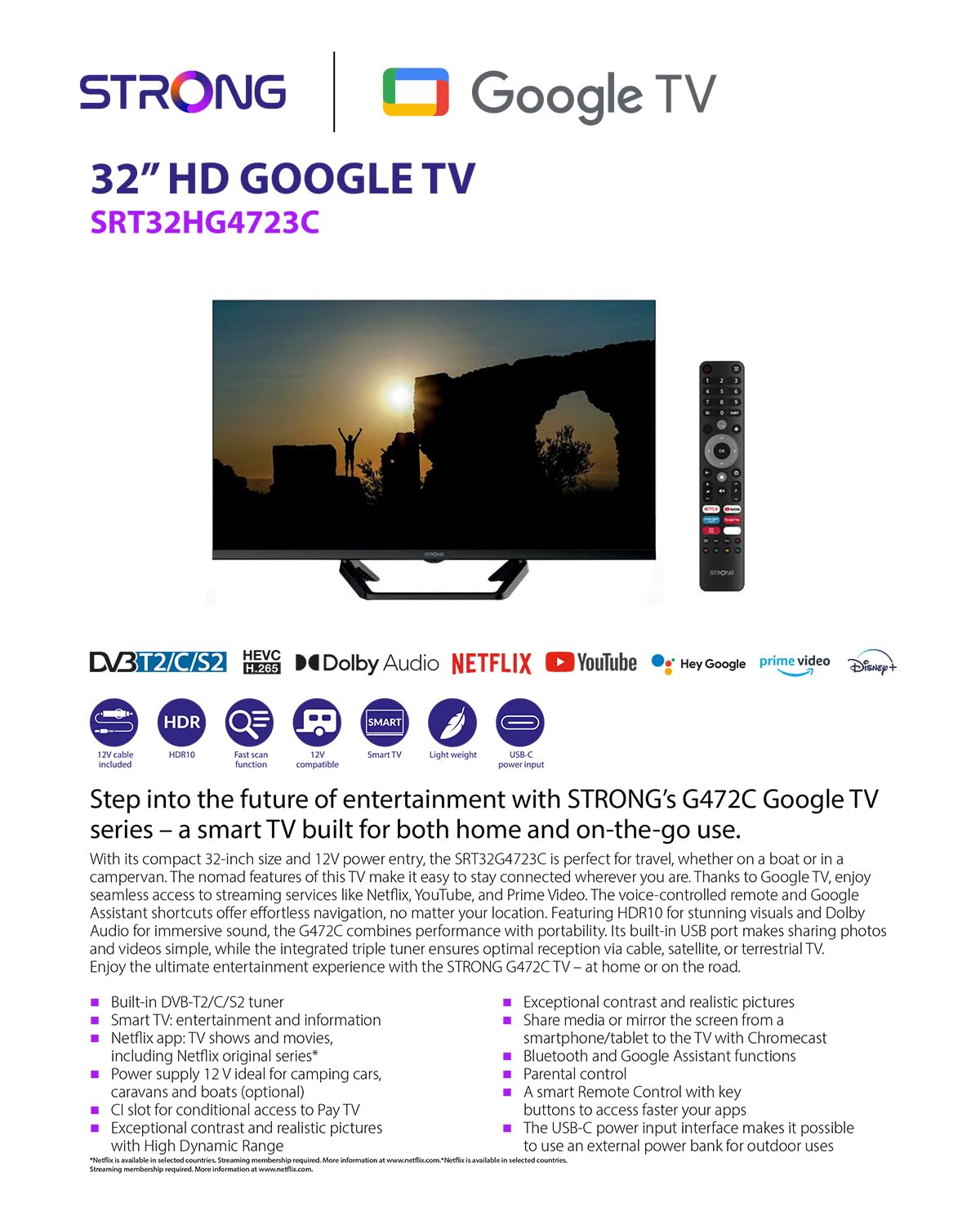 STRONG SRT32HG4723C 32" TV HD DVB-S2/C/T2 12V Camping-Car Cuisine Chambre Bateau 2 HDMI 1 USB Noir