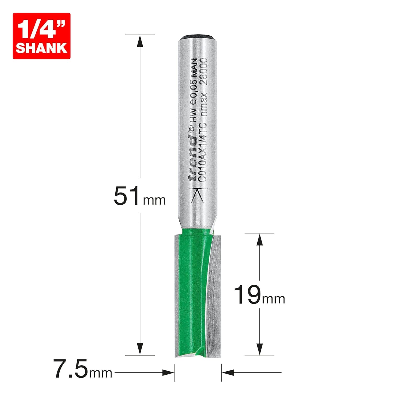 Trend CraftPro Straight Two Flute Router Cutter Bit, 1/4 Inch Shank, 7.5mm Cut Diameter & 19mm Cut Length, Tungsten Carbide Tipped, C010AX1/4TC