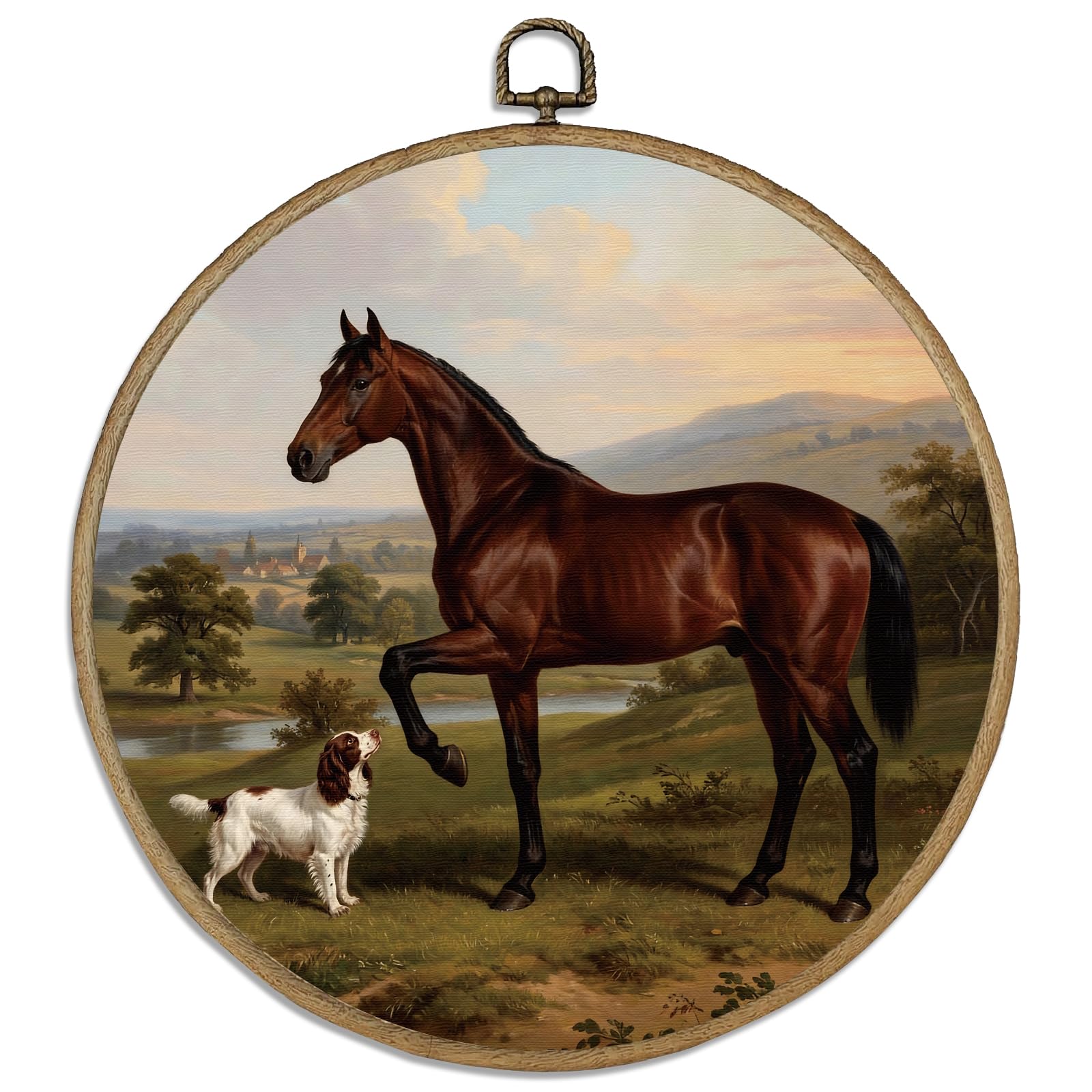 DELORIGIN Horse Spaniel Dog Vintage Wall Art Decor Countryside 10" Round Wood Framed Canvas Wall Art Prints with Metal Hooks Home Artwork Hanging Picture for Bedroom Living Room Hallway Stairs Decor