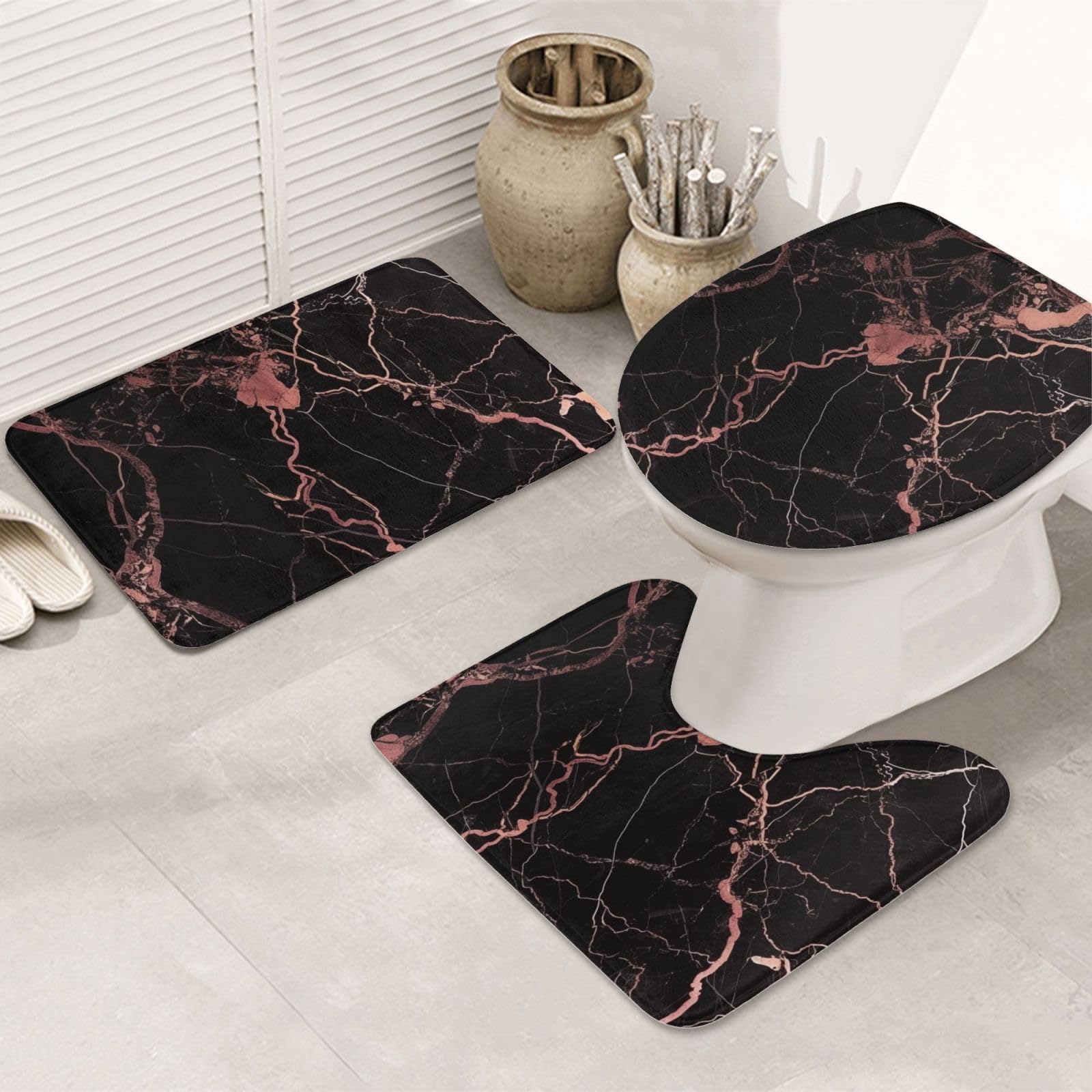 Lot de 3 tapis de bain antidérapants et absorbants en flanelle avec motif marbré noir et or rose