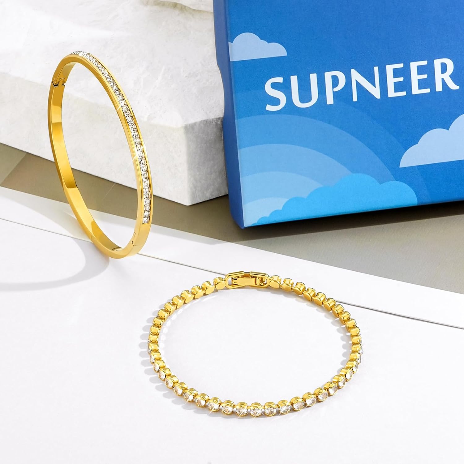 Gold Bracelets For Women 18K Gold Plated Bangle Tennis Bracelets Set,Adjustment Cubic Zirconia Tennis Bracelet Christmas Gifts Dainty Jewelry for Mom Grandma Friends