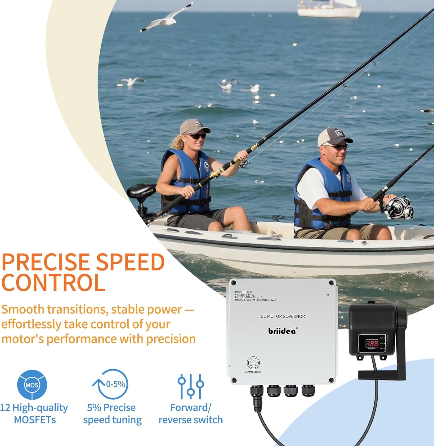 PWM Controller (2025 New), Briidea 12V/24V 50A DC Motor Speed Controller with Handle Control, 5% Precision Speed Control, Waterproof Design & Overheat Protection for Trolling Motors up to 55 lbs