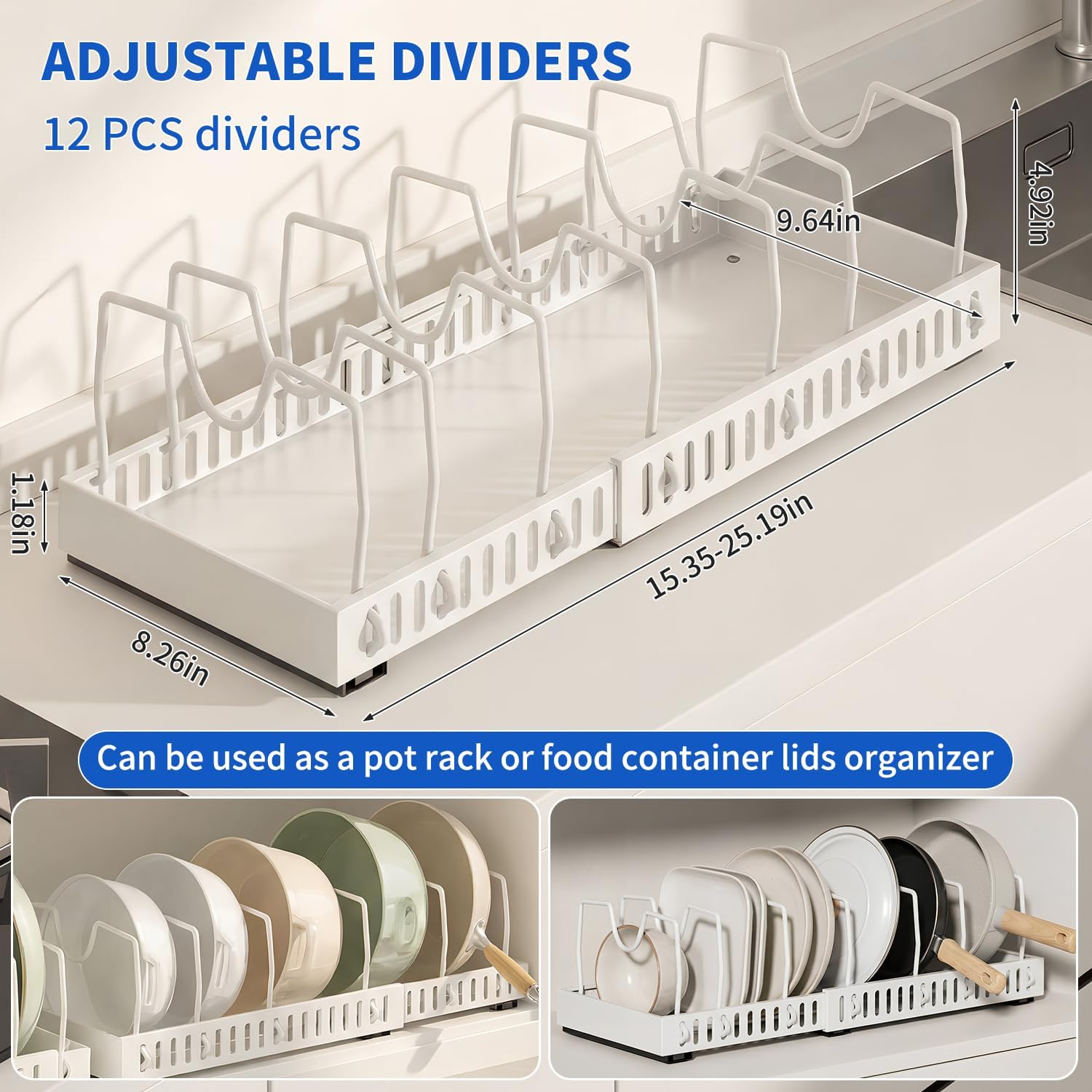 Pull-Out Pots and Pans Organizer, Expandable Lid Rack Pans Organizer Under Cabinet with 12 Adjustable Dividers, Storage Rack for Cookware, Spice, Cutting Board, Dishes, Baking Tray, Lid (White)