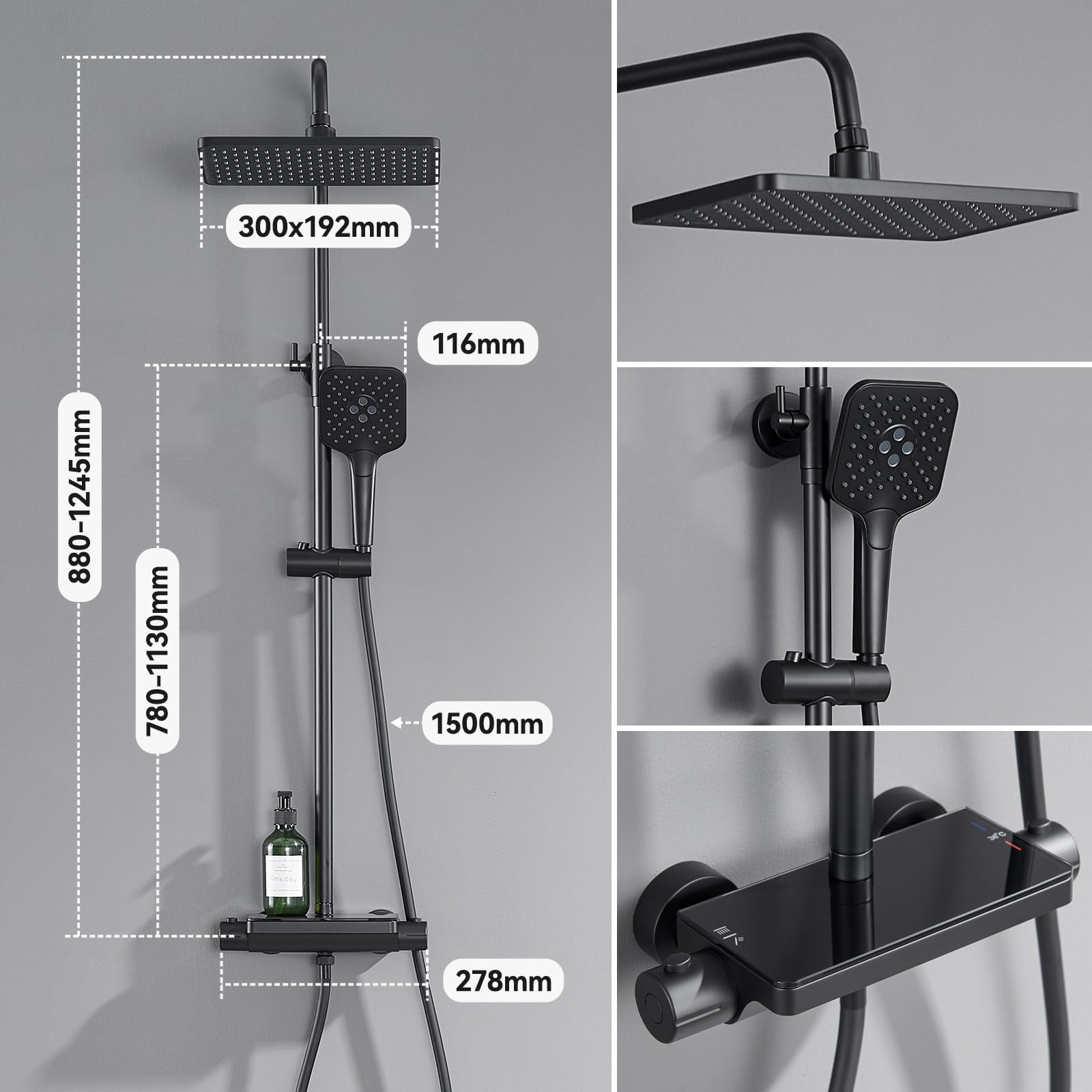 Auralum Duschsystem mit Thermostat und Glasablage, Duscharmatur Komplettset mit 12 Zoll Regendusche Kopfbrause, 3 Strahlarten Duschkopf Wassersparend, Höhenverstellbare Duschstange, Eckig, Schwarz