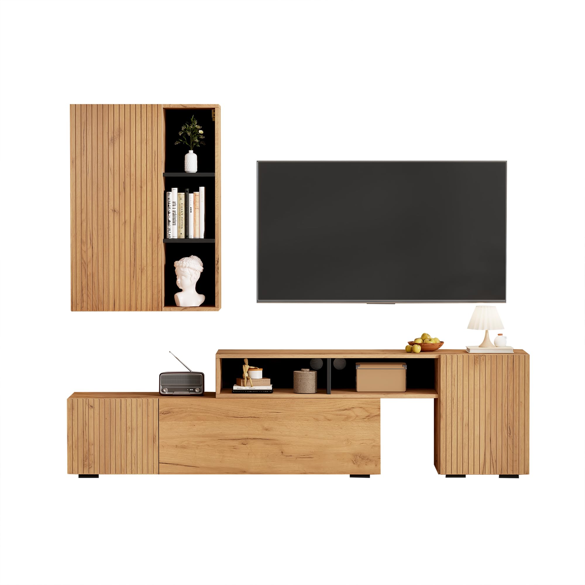 Mueble para salón, mueble de TV, juego de muebles de salón (juego completo, 2 unidades), mueble de TV con vitrina, estantería de pie, longitud flexible, hasta 265 cm, TV de hasta 120