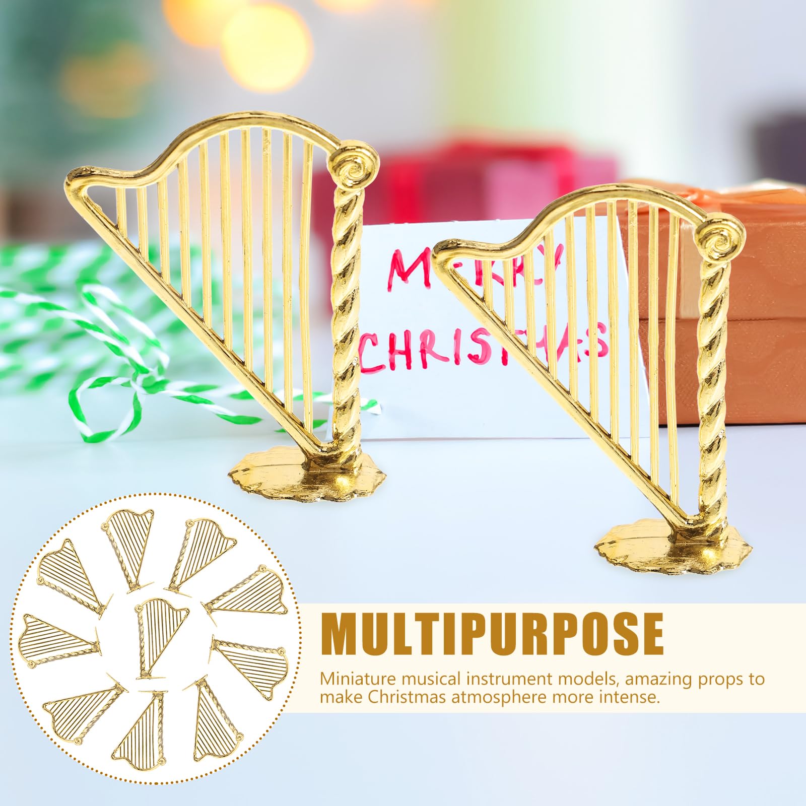 PRETYZOOM 10pcs Golden Harp Ornaments, Christmas Instrument Ornament for Tree Decoration, Dollhouse Harp Model for Decor, Christmas Miniature Musical Supplies