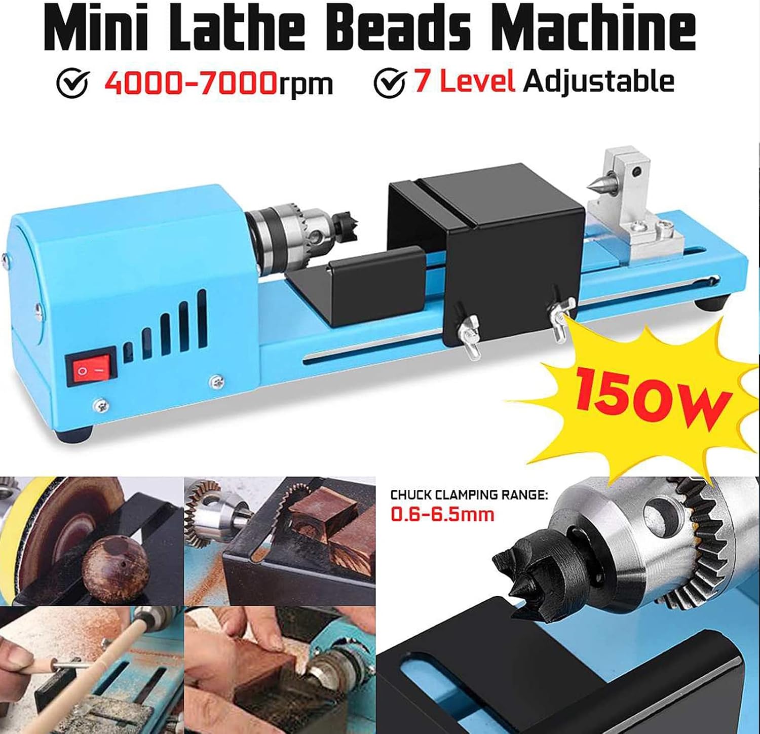 Mini Wood Lathe Machine, DC12V-24V 150W Metal Mini Lathe CNC Beads Polisher Milling Machine Grinding Wood Drill Rotary Tool for DIY Table Woodworking Art Handiwork Craft