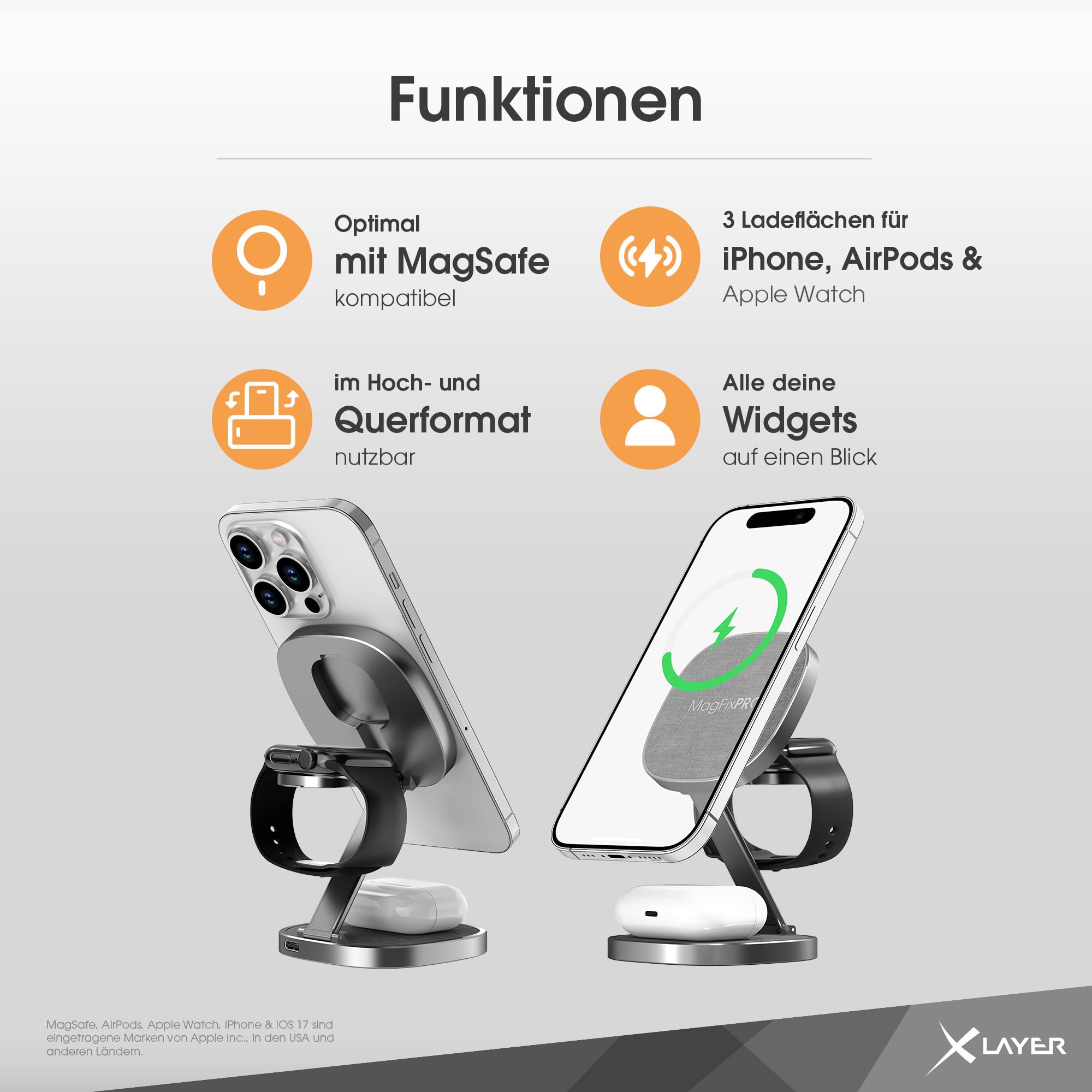 XLayer MagFix Pro 3 in 1 Stazione di ricarica Apple Wireless Charger | Pieghevole | Standby | Compatibile Magsafe | Magnetico | Senza fili | Caricatore per iPhone 16 15 Pro ,14/13/12 Watch