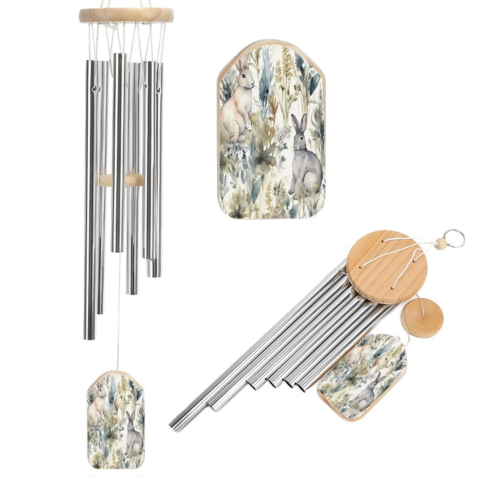Btcowzrv Style Hand Drawn Rabbit Wind Chimes For Outside, Hanging Windchimes With 6 Aluminum Tubes, Memorial Wind Chime For Patio Backyard Garden And Outdoor Decor