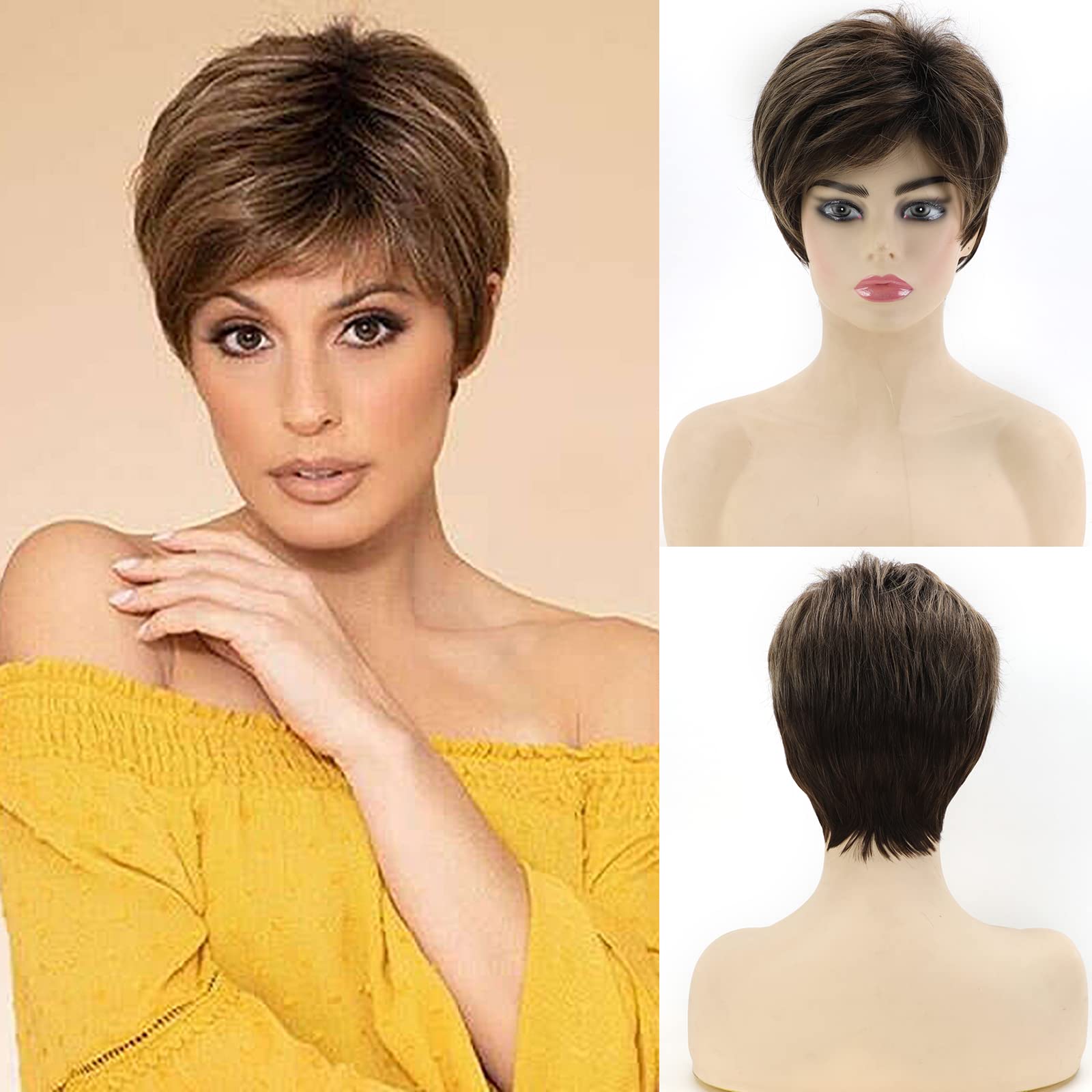 RENERSHOW Short Ombre Brown Highlight Pixie Cut Wigs for White Women Heat Synthetic Side Part