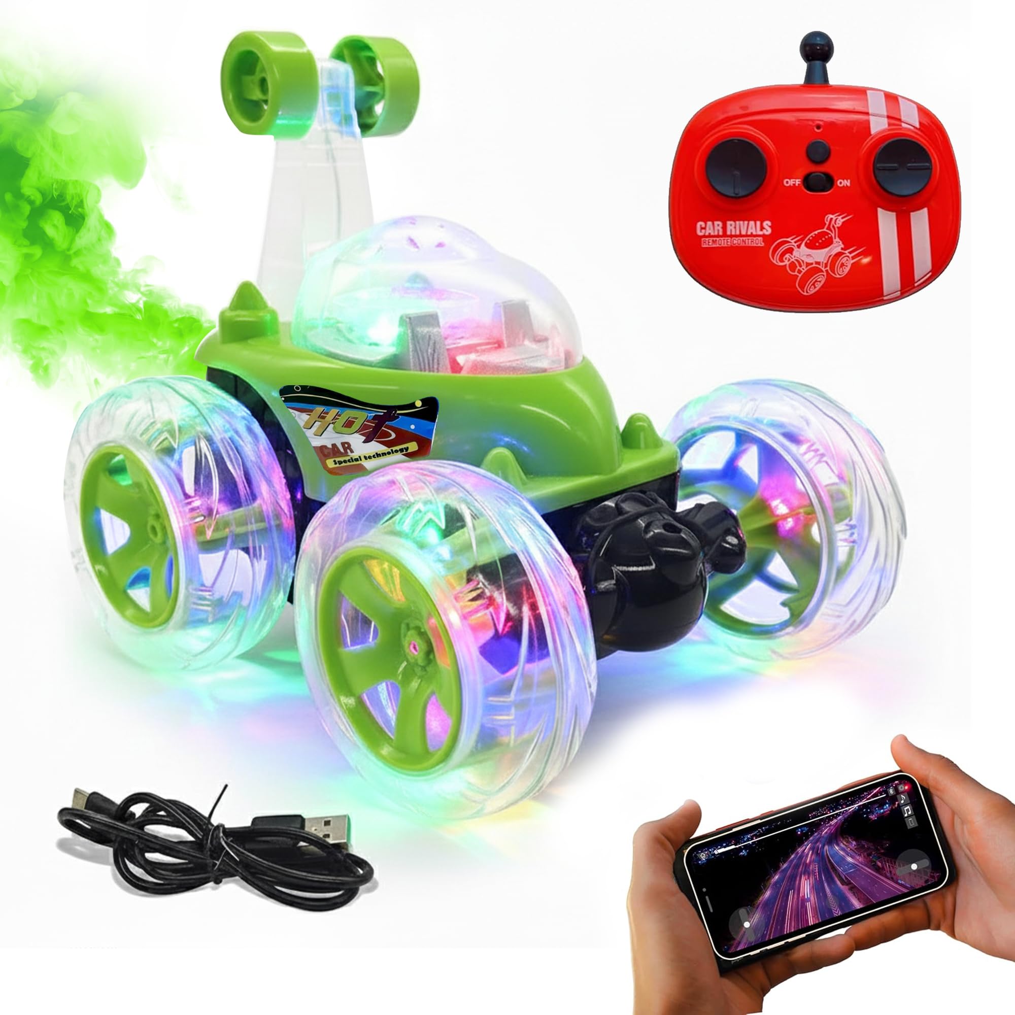 Zivvy Green Stunt RC Car with Smoke Effect, App Control via Phone & Remote Control, LED Lights, Music & RGB Wheels High Speed Remote Control Car Toy for Kids & Boys 7-14 Years