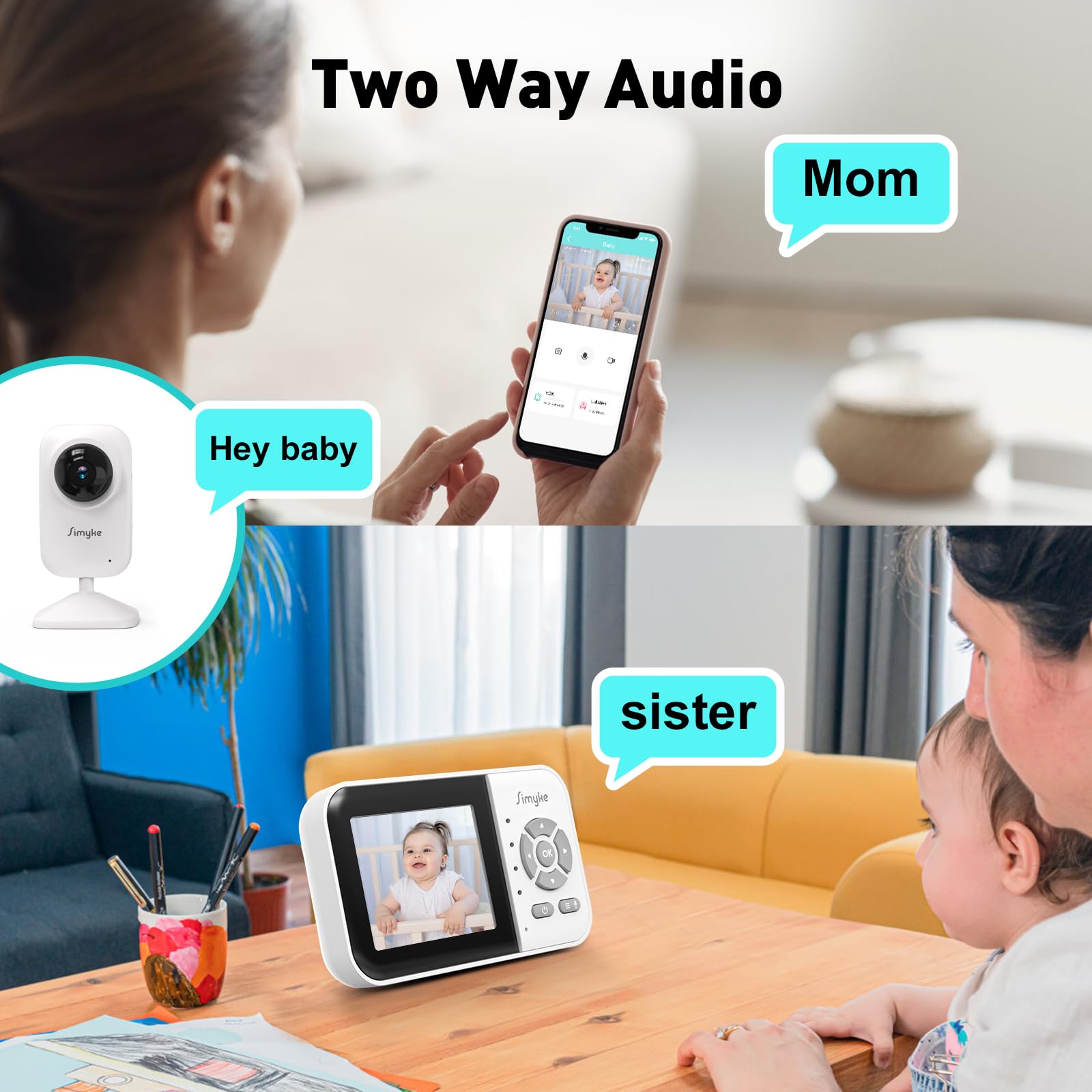 Simyke 2Cameras Video Baby Monitor,Two Mode,2.8'' IPS Display Screen,Night Vision,2-Way Talk,1200ft Long Range,Lullaby,Free Smart Phone App,Ideal for Baby/Elderly/Pet - Image 2