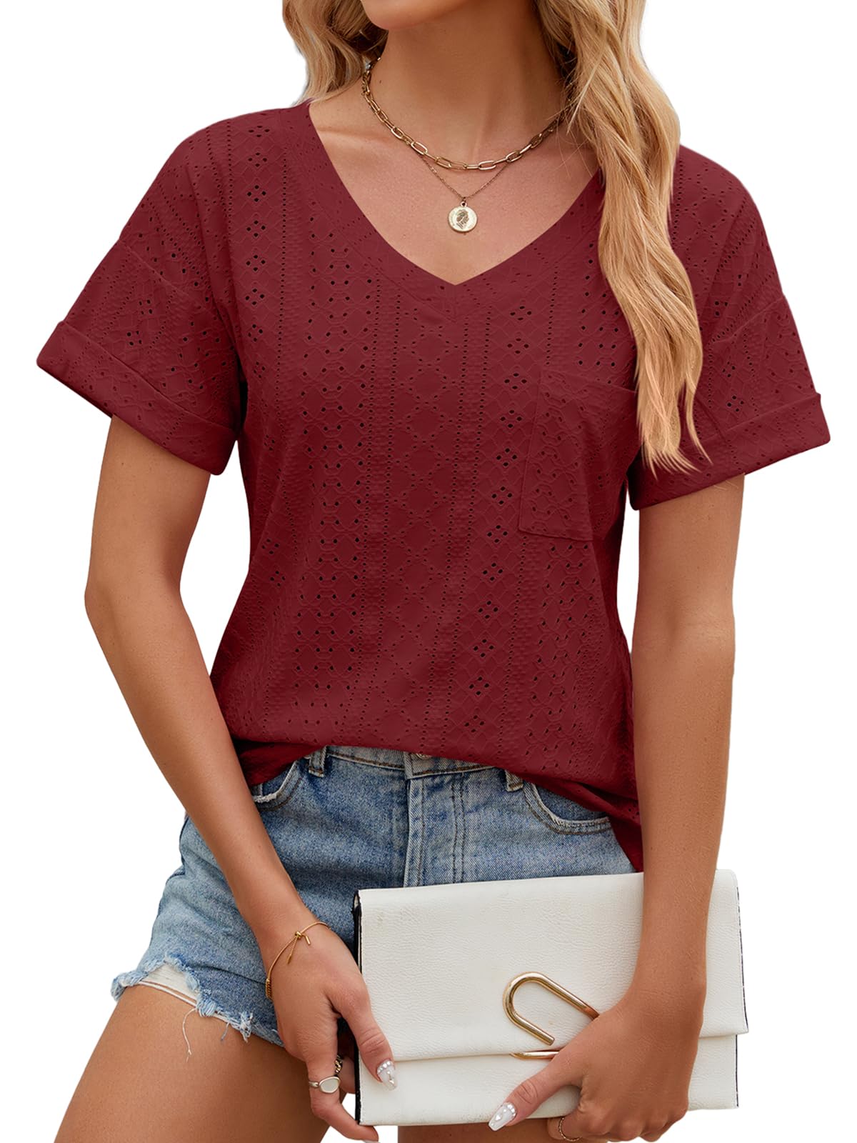 EDOTON Damen Tshirt Kurzarm Bluse V Ausschnitt Casual Sommer Solide Hohle Blase Ärmel Lose Tops Tuniken für Damen