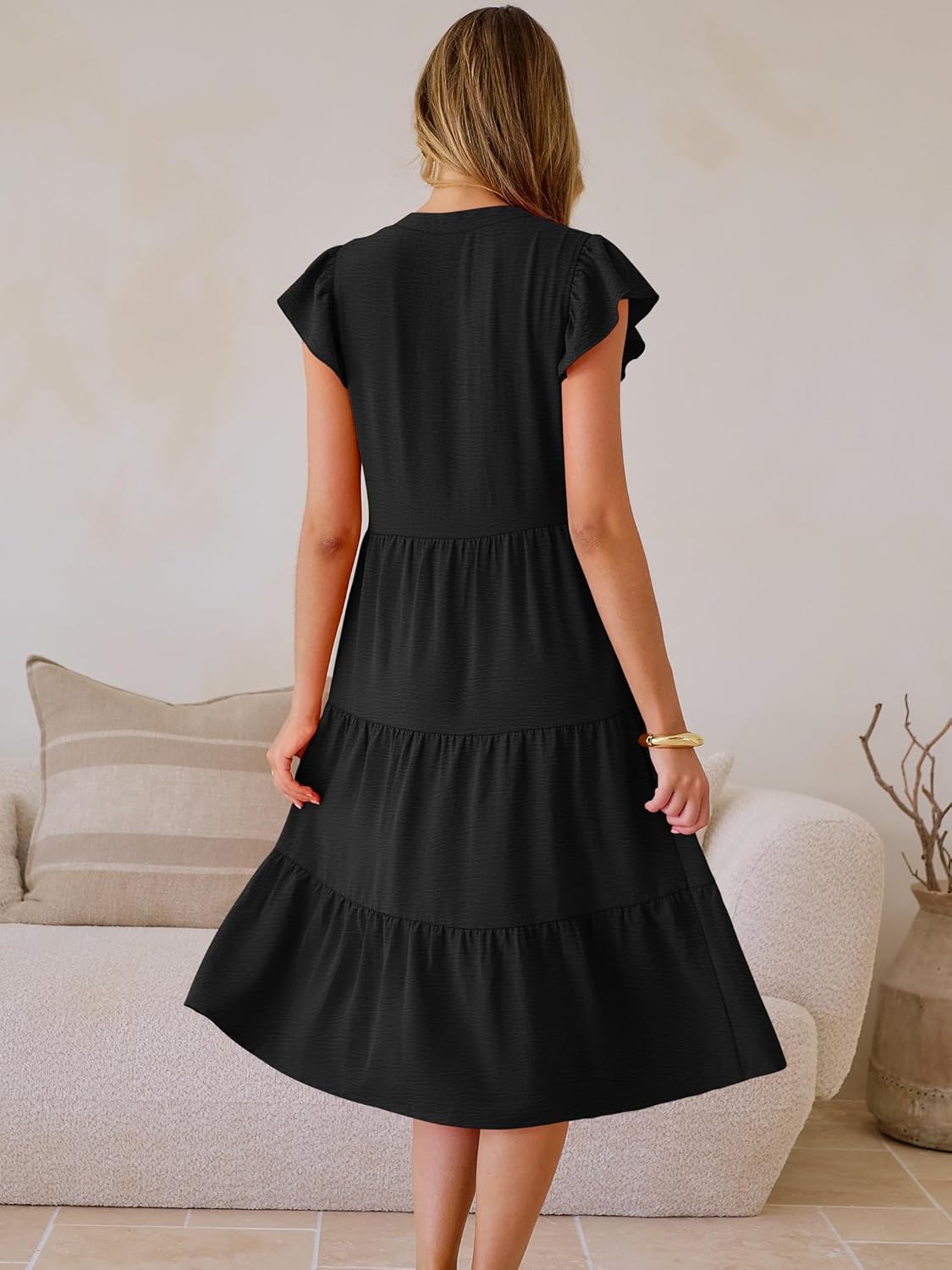 ANRABESS Womens Summer Casual Dress V Neck Ruffle Sleeve Midi Dresses 2026 Trendy Flowy Tiered Boho Beach Vacation Sundress - Image 5