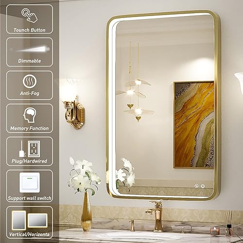 Miniatura 3 de FTOTI Espejo LED de tocador de baño de 24 x 36 pulgadas con luces, espejos iluminados para montar en la pared con marco de metal dorado que no se