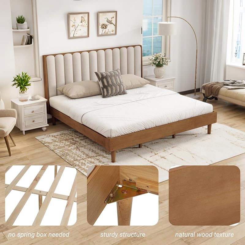 ivoros King Bed Frame with Vertical Channel Upholstered Headboard, Wheat image 5
