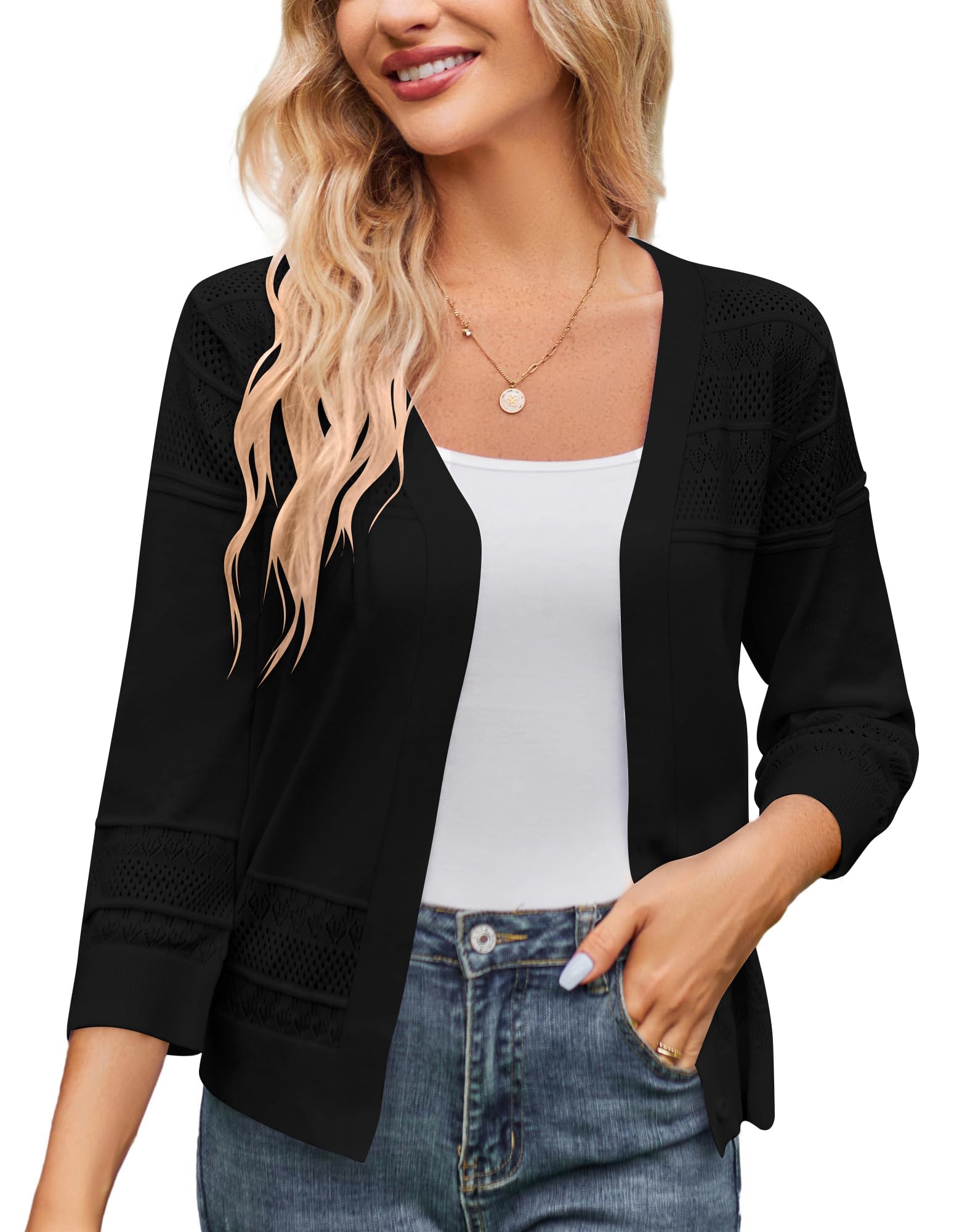 Women's 2025 Cropped Cardigan 3/4 Sleeve Lightweight Crochet Shrug Hollowed-Out Knit Sweater Tops S-XXL