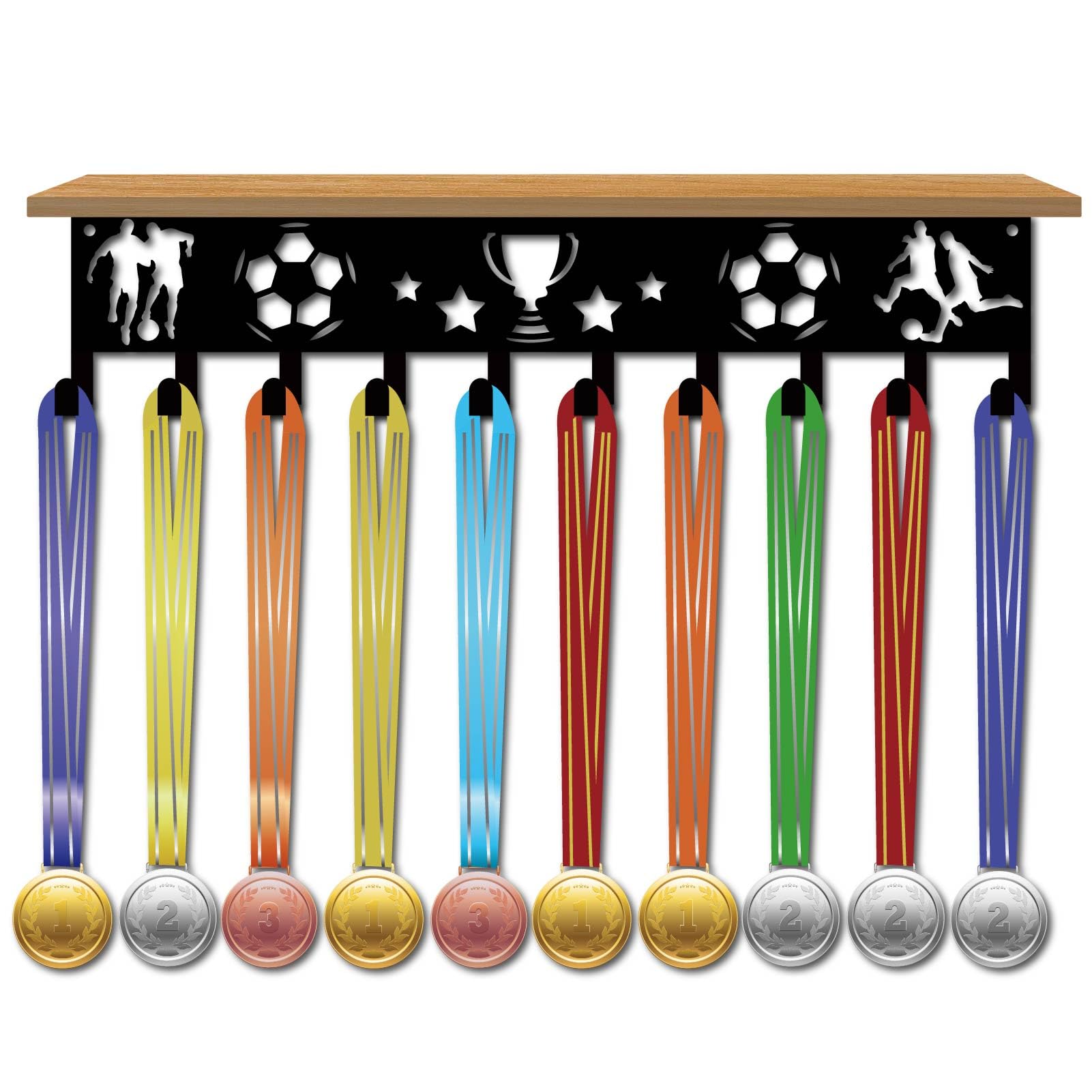 CREATCABIN Percha para Medallas de Fútbol con Estante para Trofeos, Soporte para Medallas, Soporte para Trofeos de Metal Negro, Organizador de Medallas, Estante para Premios con Bandeja de
