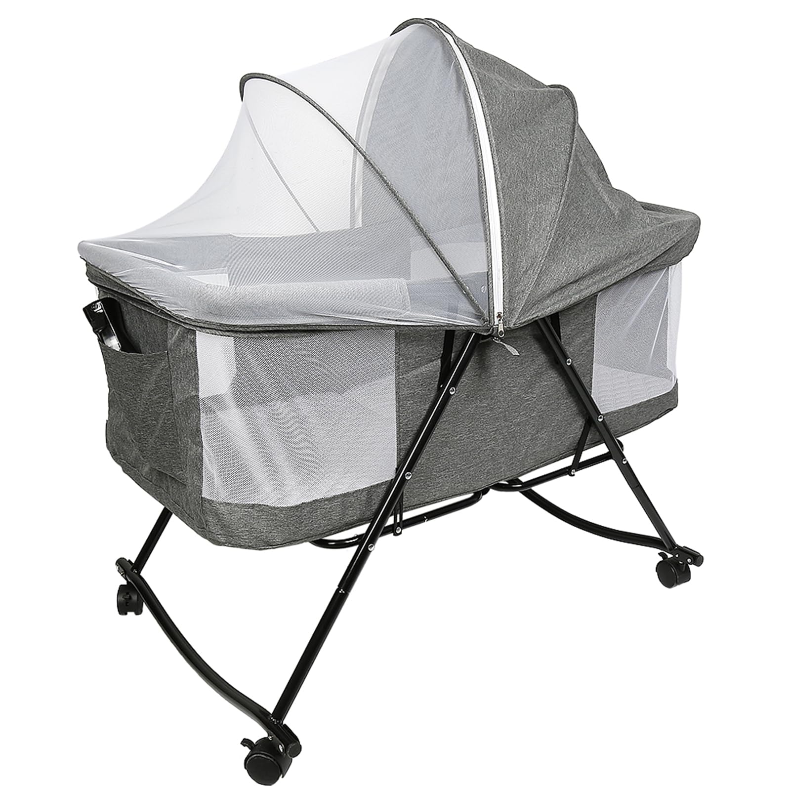 Baiyun Beistellbett Baby, 2 in 1 Babybett und Babywiege, Kinderbett mit Rollen, Moskitonetz, Lagerungstasche und Matratze, Multifunktional Kinderbett Faltbares Tragbares (Modell 4 Grau)