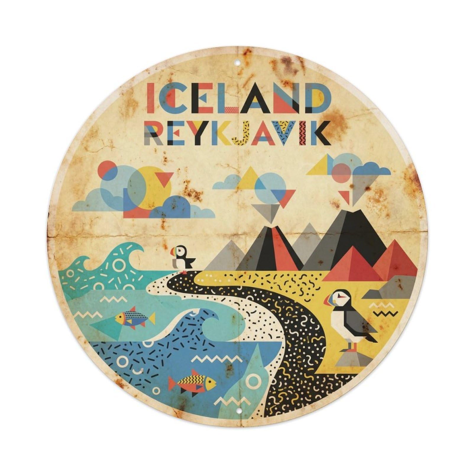 Olyhtr 8X8inch Classic Style Iceland Reykjavik Harbor Travel Geometric Metal Tin Sign
