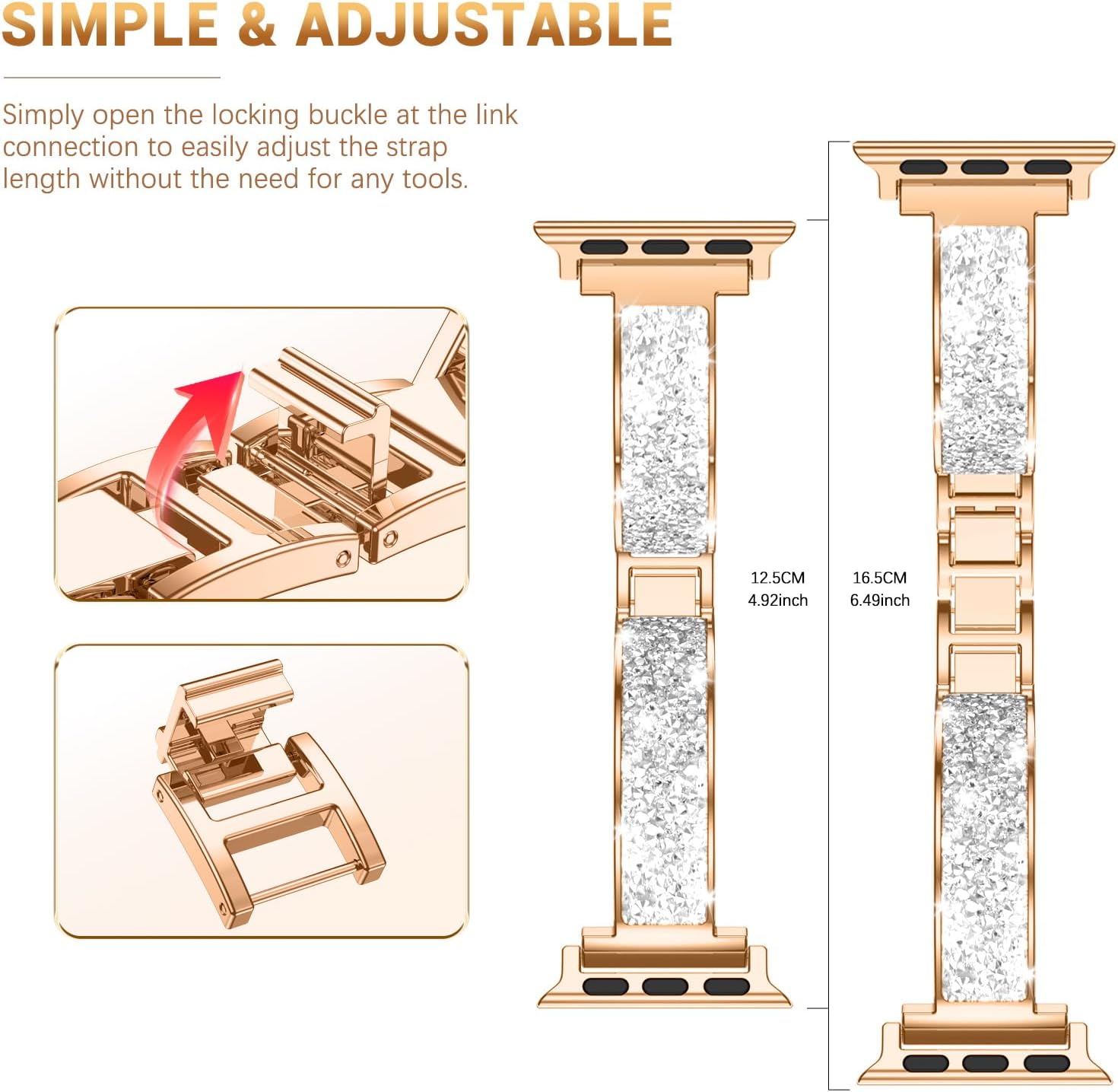 Bling Slim Watch Bands for Women Compatible with Apple Watch 38mm 40mm 41mm 42mm (S10) Jewelry Dressy Bracelet Metal Strap Adjustable for iWatch Series 10/9/8/7/6/5/4/3/2/1/SE, Rose Gold - Image 6