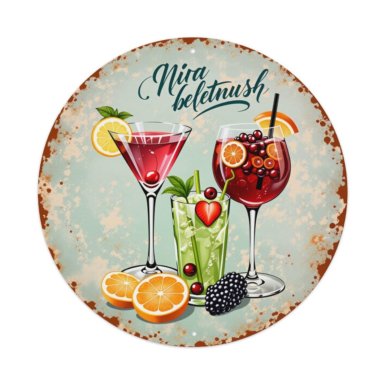 Cocktail Fruits Garnish Glass Drink Vintage Metal Tin Sign Retro Wall Decor for Home Bar Garage Cafe, Indoor & Outdoor Decorative，circle Metal Poster, 8x8 Inch