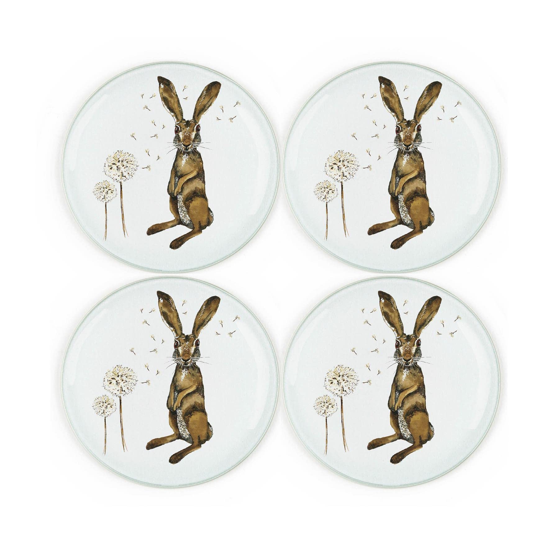 Hares Glass Coaster Set - Round Painted Wildlife & Dandelions by Rhiannon Chauncey - Set of Four (4) Coasters